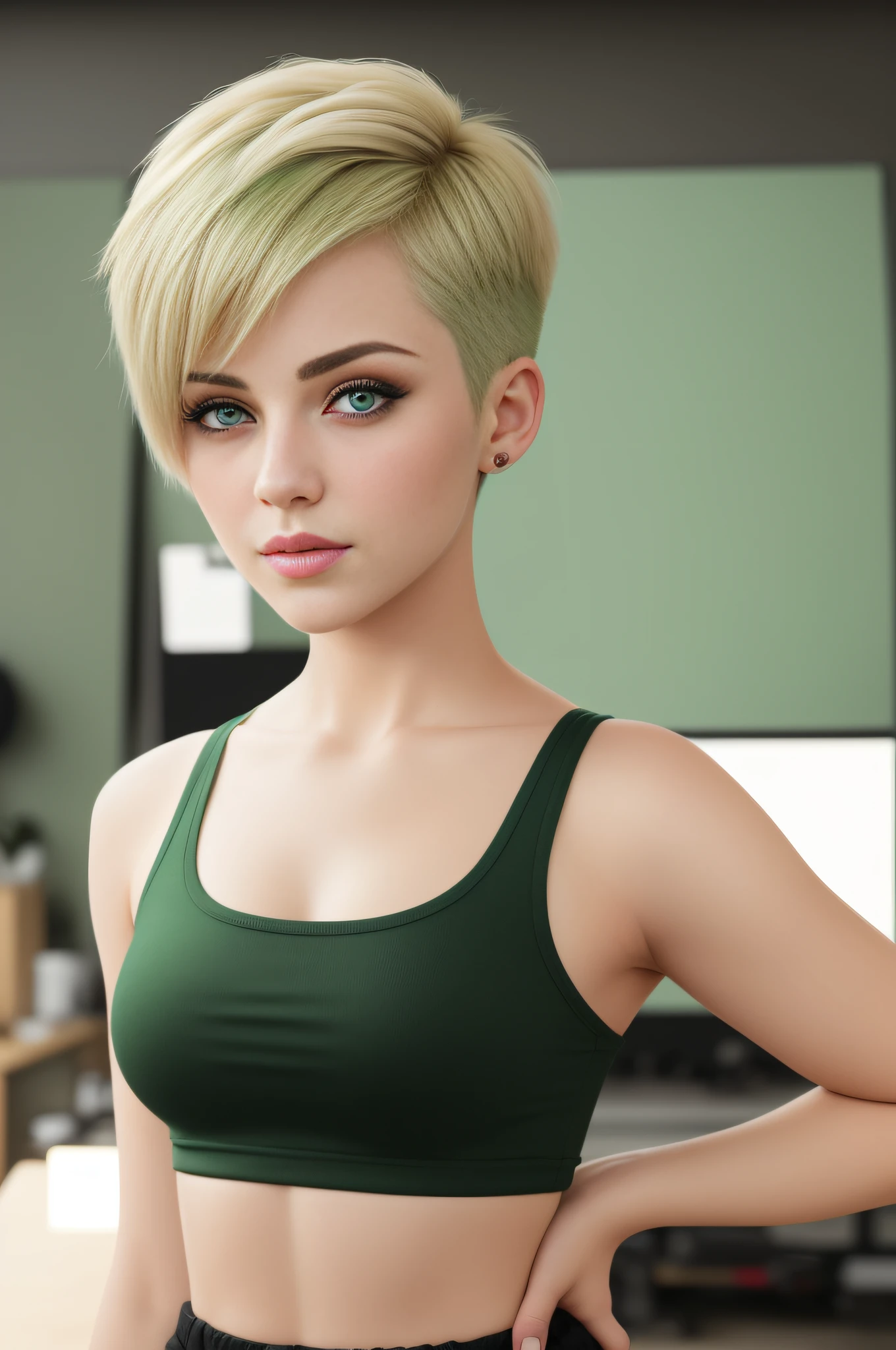 ((best quality)), ((masterpiece)), ((realistic)),((sharp eyes), short faded hair woman in studio, green eyes, ((ultra realistic)), boy cut hairstyle, ((front facing)), wearing crop top