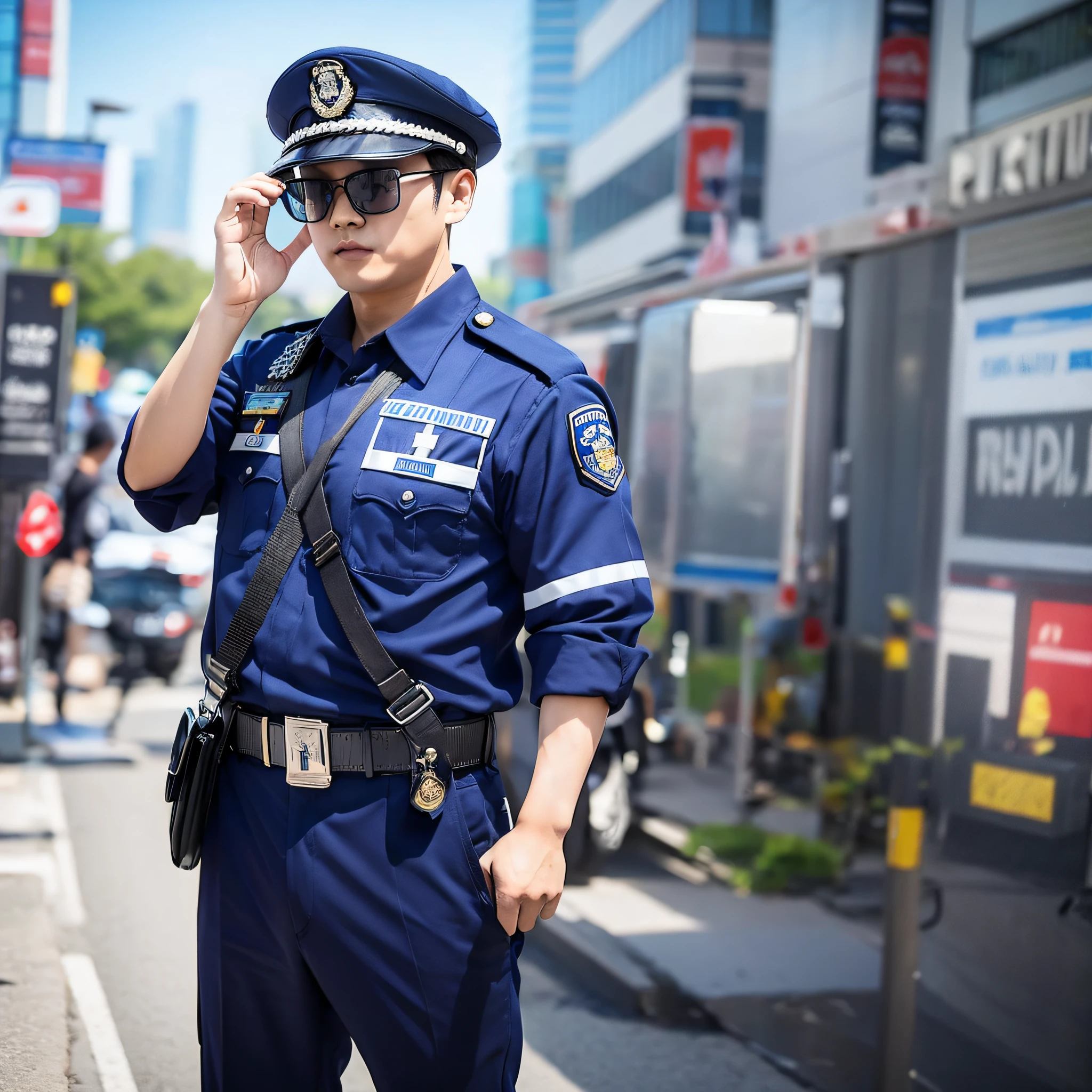 Community service portrait photography, Asian Chinese man ordinary traffic police wearing sunglasses, standing at the intersection work to direct traffic, hyper-realistic and real --auto --s2