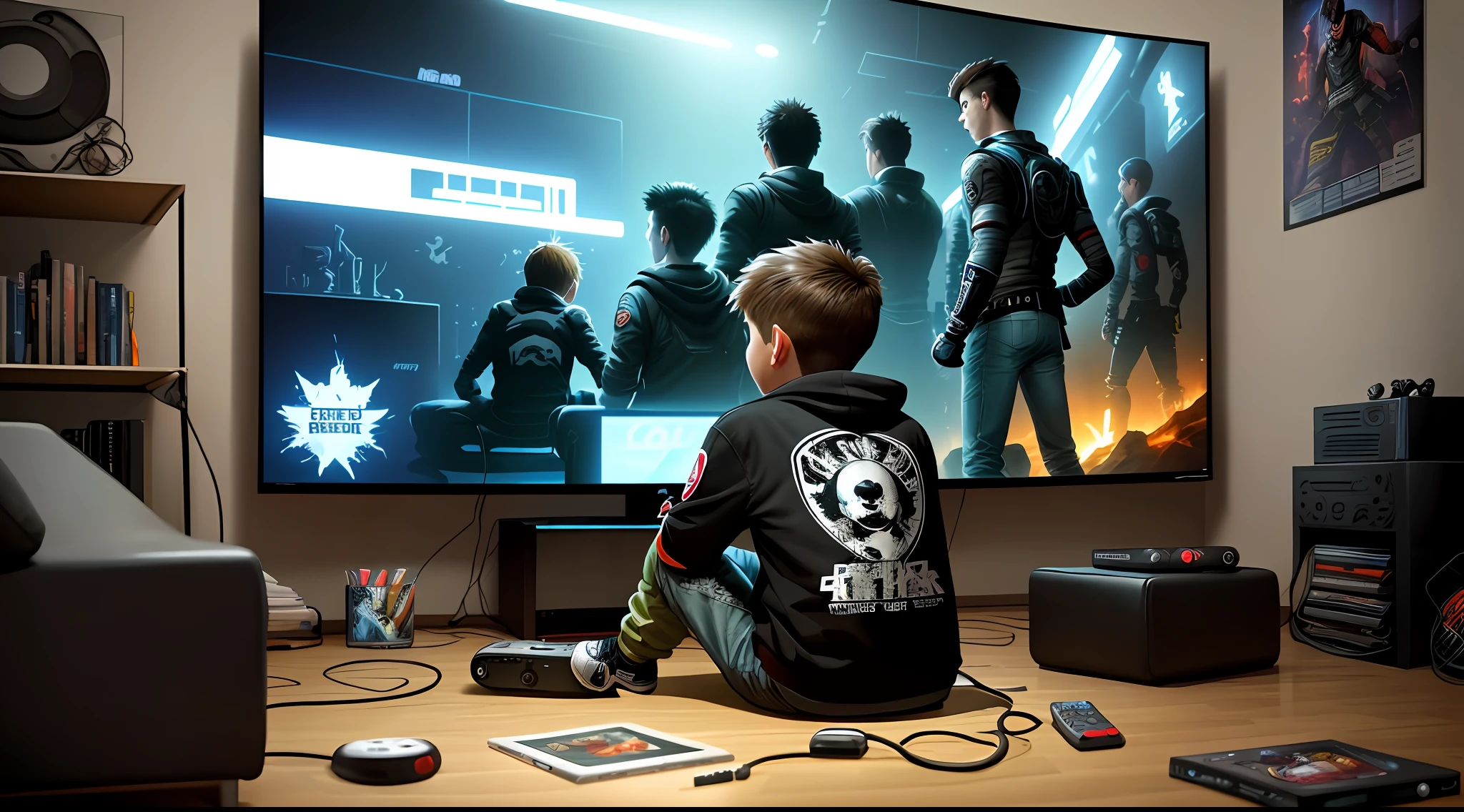a young boy, sitting in front of the TV, video game controller in hand, playing video game, TV screen showing game, posters of games and rock bands on the walls, comic books scattered on the floor, third-person view from behind, comic book style