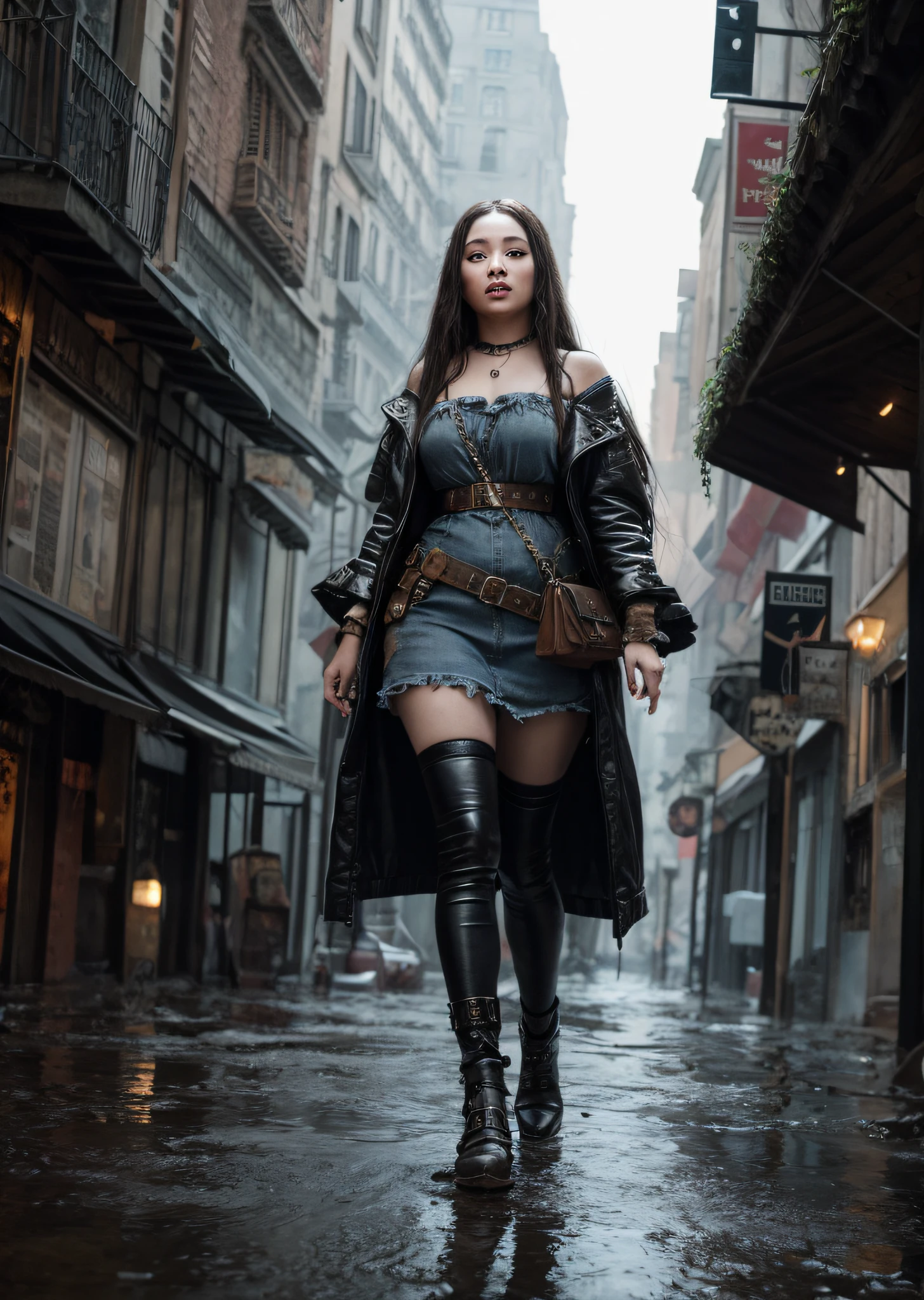 Fat Mona Lisa, city ruins, clothes made of rags, zombies everywhere, steampunk, ferocious expressions, full body portraits, shoes, walking on dirty muddy market streets, masterpiece, highest quality, high quality, highly detailed CG unit 8k wallpaper, award winning photo, bokeh, depth of field, HDR, flood, chromatic aberration, realistic, very detailed, art station trend, CGsociety trend, complex, high detail, dramatic, midway art, volumetric lighting
