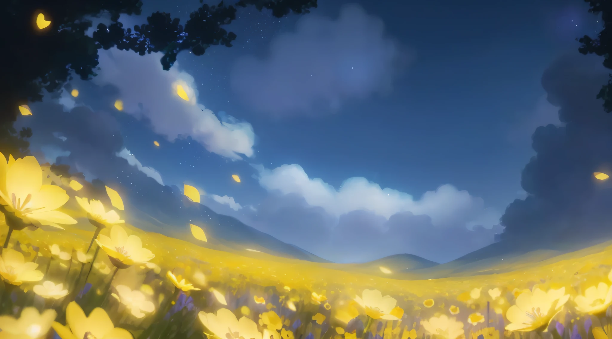 yellow flowers with a blue sky in the background, background artwork, background art, field of flowers at night, luminous flowers, anime background art, night sky full of flowers, random background scene, flowerfield, flower field, floral environment, field of flowers background, concept piece, glowing flowers, official art, blurry and dreamy illustration, blurred and dreamy illustration, light bloom
