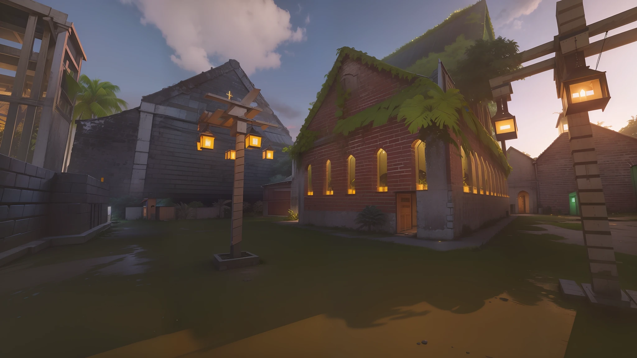 Church on the right and a black stoned warehouse on the right in a tropical forest with warm lights