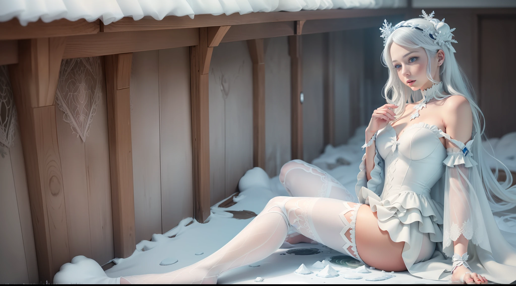 [(Best quality, masterpiece, intricate details: 1.3): 0.2], realistic, detailed skin, a white-haired woman with blue eyes and white hair, wearing a white dress with snowflake hair, white pantyhose, long legs, snow-white feet naked, white stockings, bare feet (white tender)
