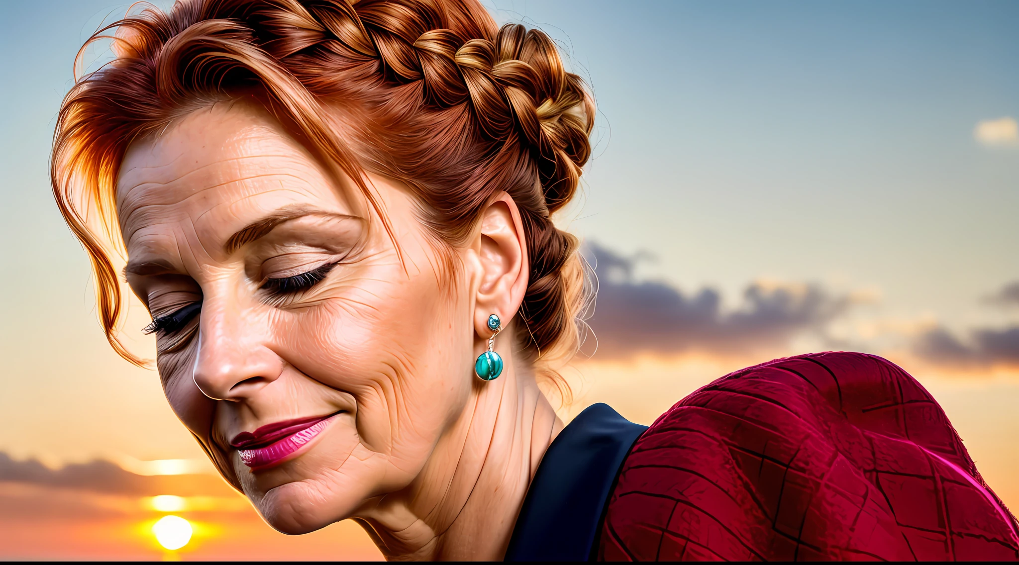 light and bright, 8k, photo size of beautiful 55-year-old European lady, updo braid, complex detail, realistic texture, dynamic composition, high contrast, she is president of a technology company, she is with her eyes closed and watching the sunset, red hair