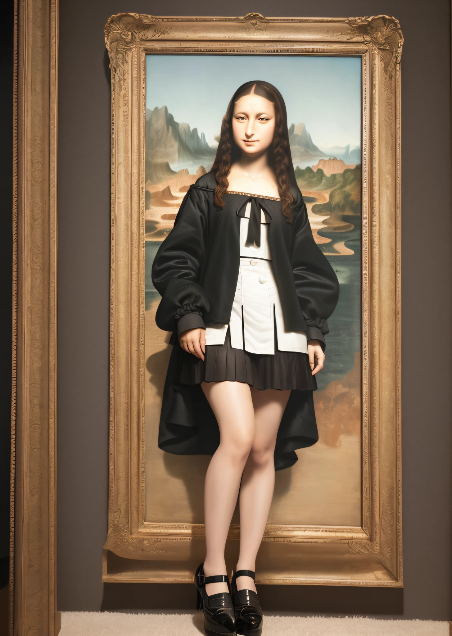 Mona Lisa in flight attendant uniform, gentle expression, full body portrait, shoes, catwalk, masterpiece, highest quality, high quality, highly detailed CG unit 8k wallpaper, award winning photo, bokeh, depth of field, HDR, flood, chromatic aberration, realistic, very detailed, art station trend, CGsociety trend, complex, high detail, dramatic, midway art, volumetric lighting
