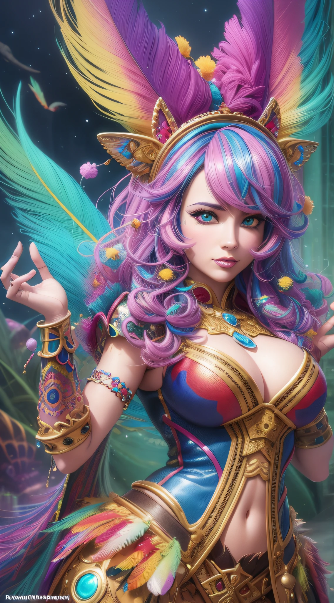 araffe dressed in a colorful costume with a feather and a wig, hyperdetailed fantasy character, colorfull digital fantasy art, 8k high quality detailed art, 3 d render character art 8 k, artgerm julie bell beeple, colorful sci-fi steampunk, fantasy art behance, karol bak uhd, ryan glitter concept artist