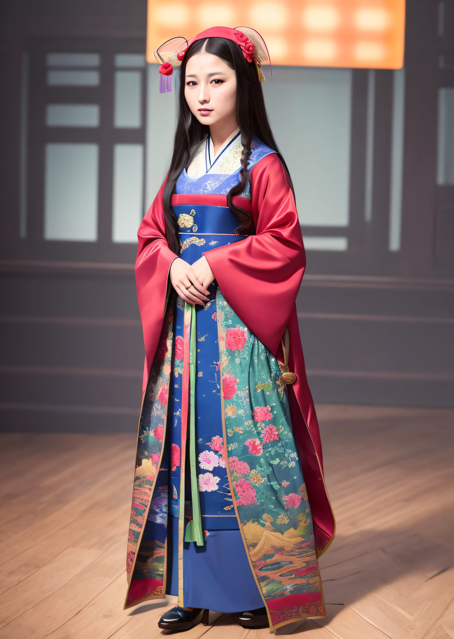 Mona Lisa dressed in Chinese folk costume, gentle expression, full body portrait, shoes, catwalk, masterpiece, highest quality, high quality, highly detailed CG unit 8k wallpaper, award winning photo, bokeh, depth of field, HDR, flood, chromatic aberration, realistic, very detailed, art station trend, CGsociety trend, complex, high detail, dramatic, midway art, volumetric lighting