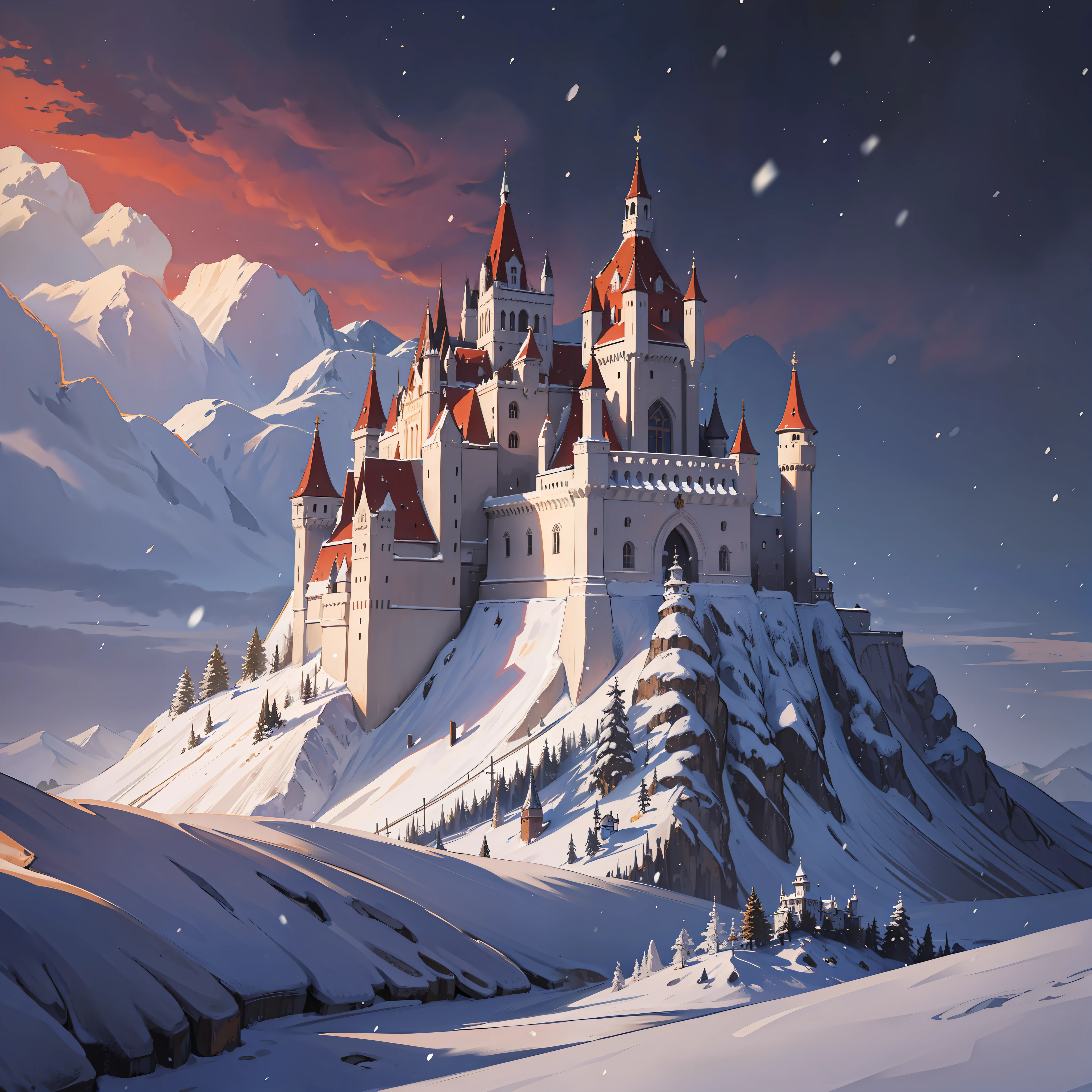 Snow, castles, castles, red roofs, snow, light and dark light, surrealism,