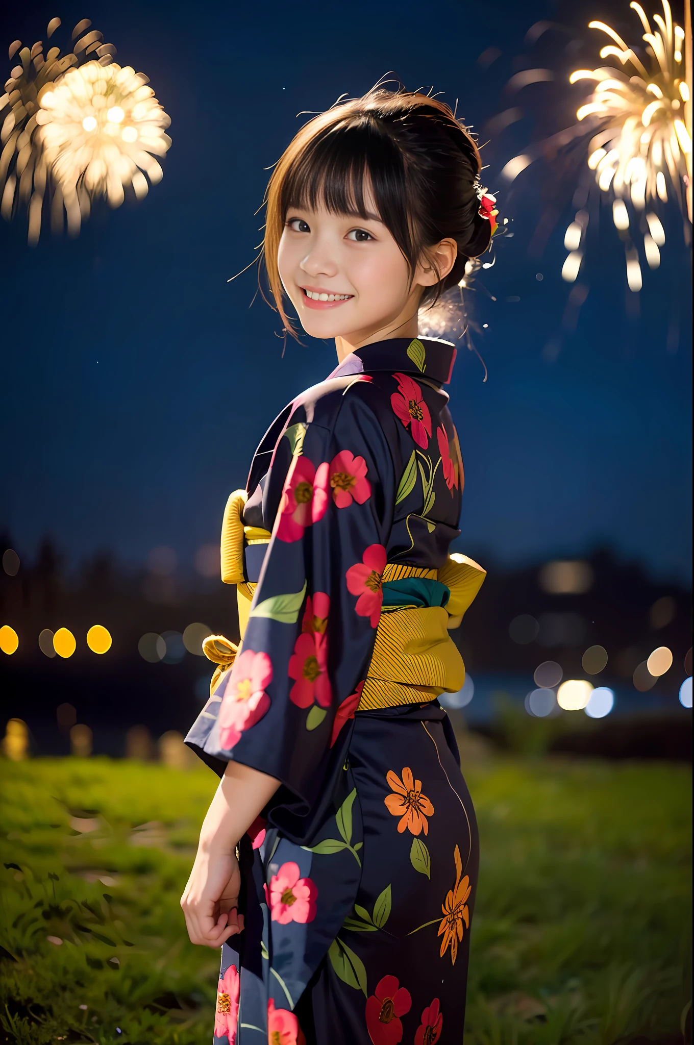 Taken from the side, back view, pants line, Japan 12 year old girl, (wearing a detailed yukata, realistic, photorealistic: 1.37), (masterpiece), (best quality: 1.4), (ultra high definition: 1.2), vivid detail, hyperrealistic, (full body: 1.37), (happy smile: 1.35), (posing), (young hands: 1.2), (beautiful fireworks on night sky background) ), fireworks light retrograde, landscape, bangs, beautiful detail eyes, no makeup, look at the beholder,