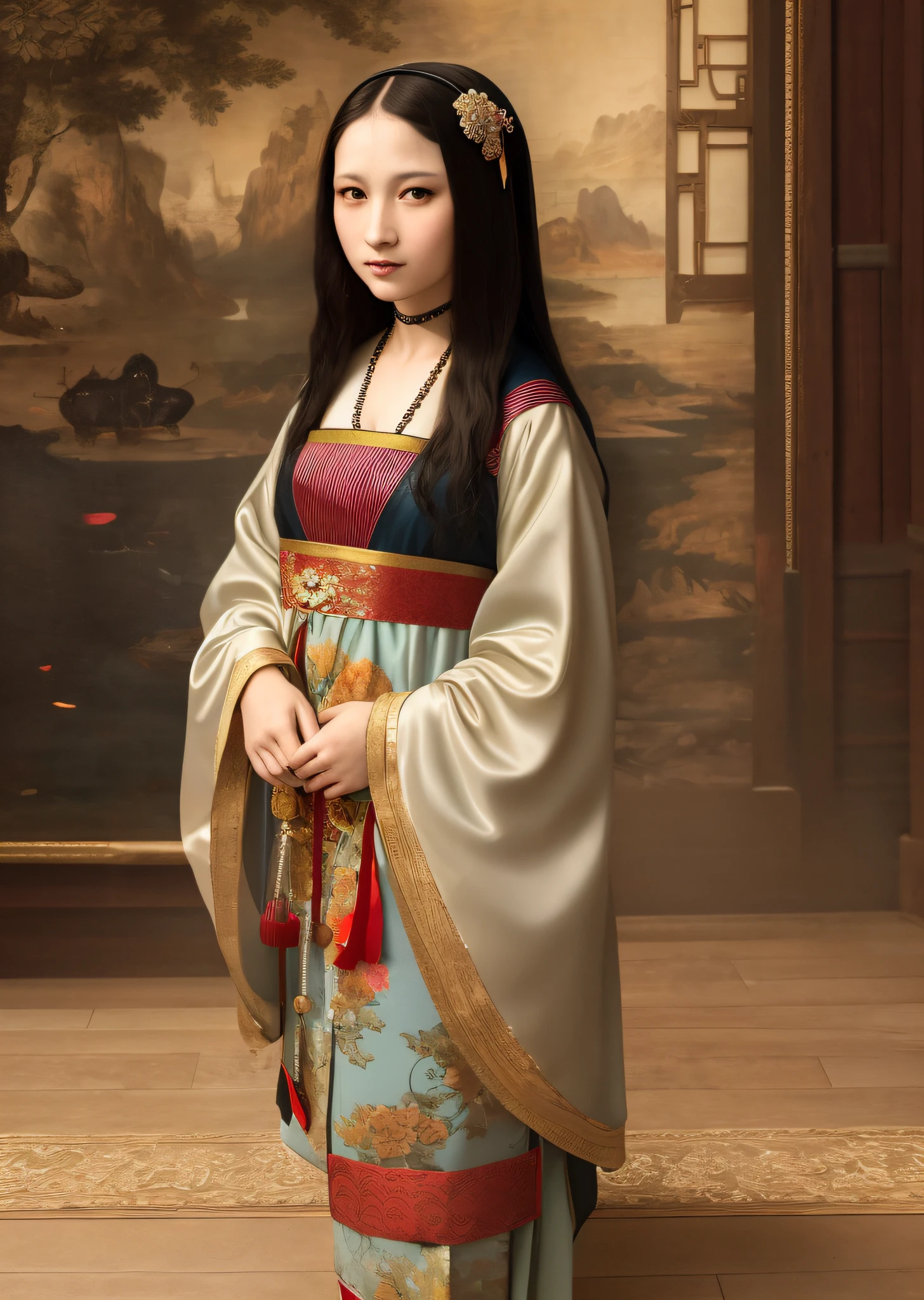 Mona Lisa dressed in Chinese folk costume, gentle expression, full body portrait, shoes, catwalk, masterpiece, highest quality, high quality, highly detailed CG unit 8k wallpaper, award winning photo, bokeh, depth of field, HDR, flood, chromatic aberration, realistic, very detailed, art station trend, CGsociety trend, complex, high detail, dramatic, midway art, volumetric lighting