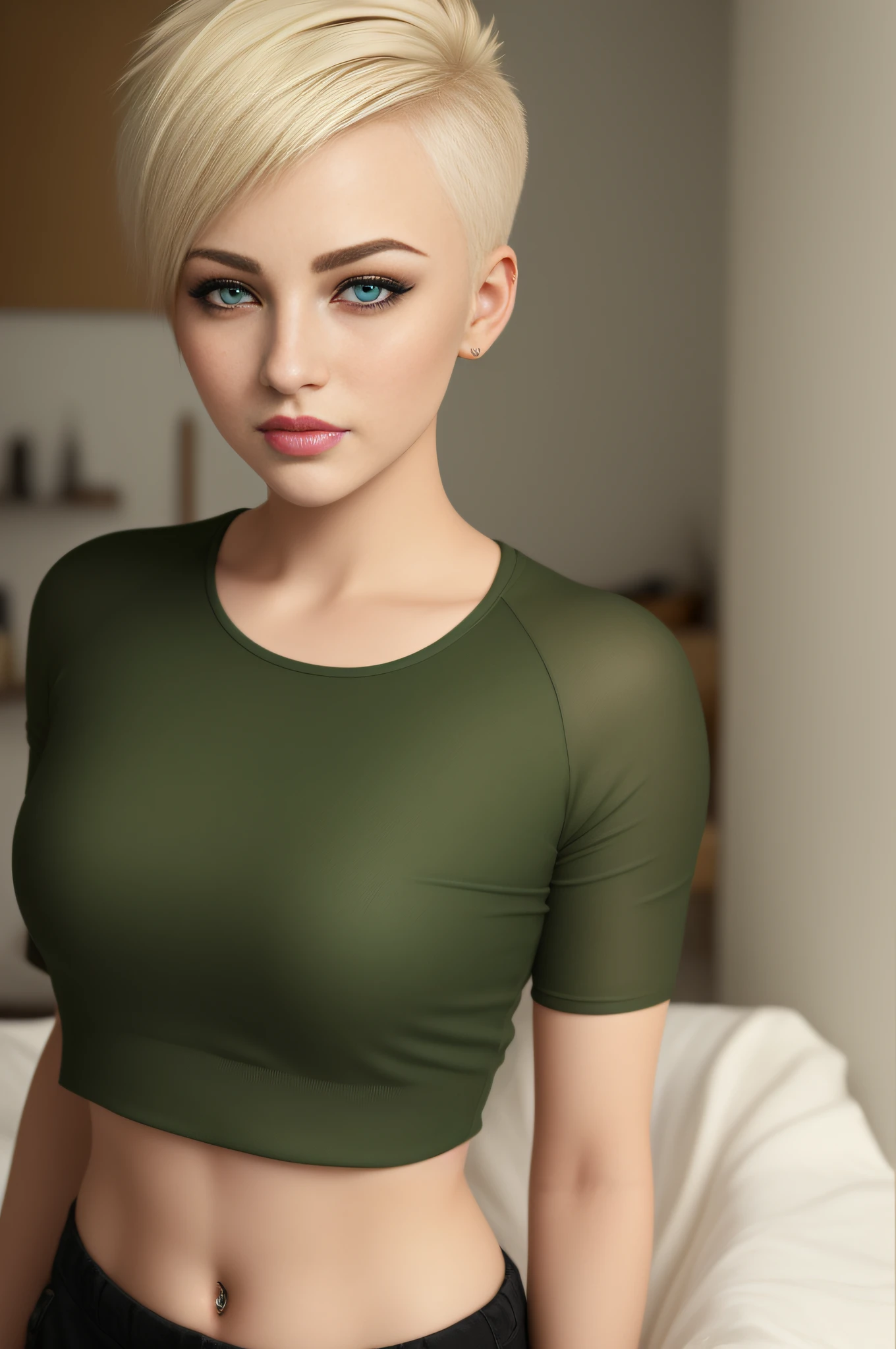 ((best quality)), ((masterpiece)), ((realistic)),((sharp eyes), short faded hair woman in studio, green eyes, ((ultra realistic)), boy cut hairstyle, ((front facing)), wearing crop top, (((nosering)))