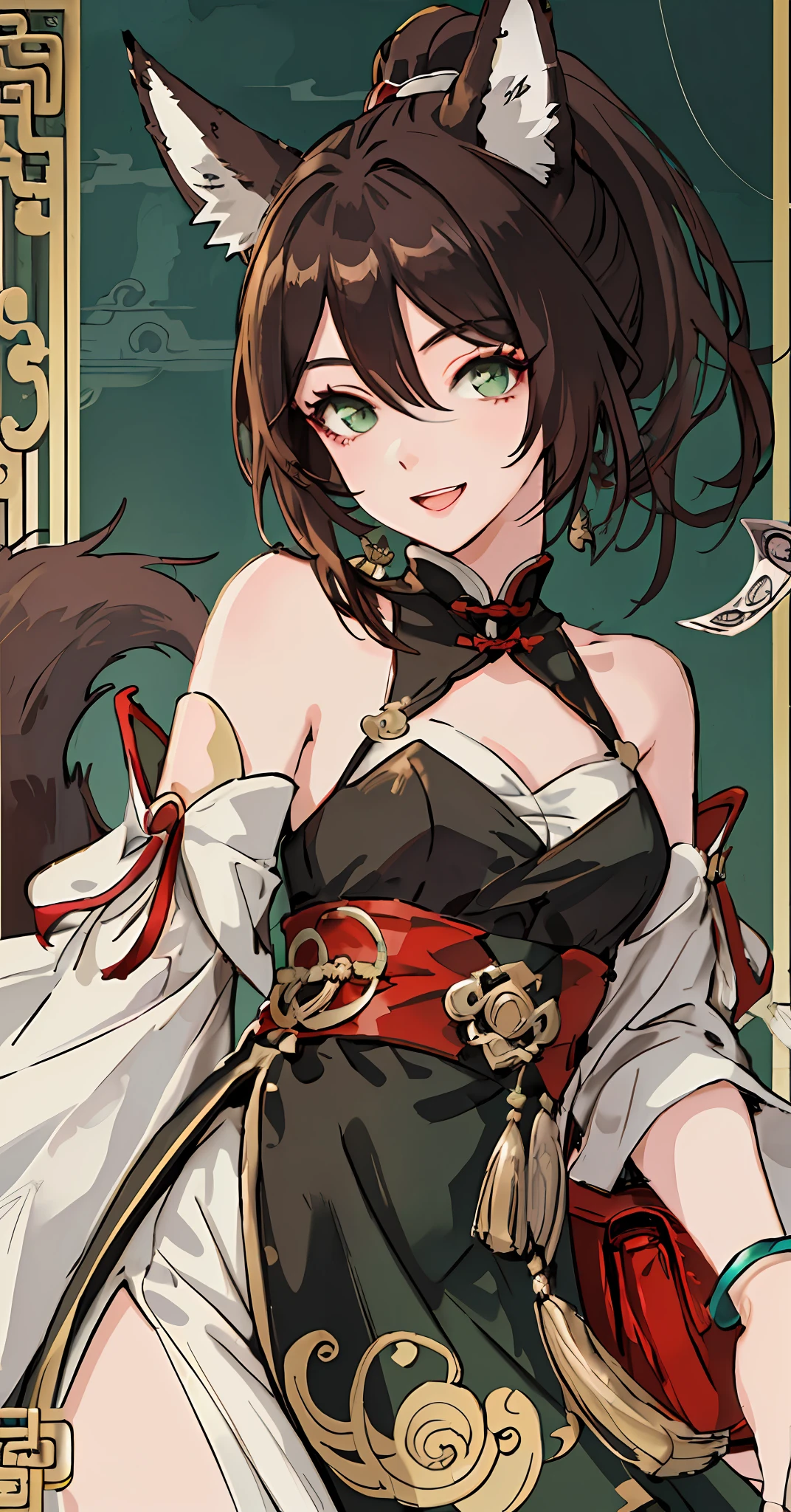 (Masterpiece, Top Quality, Best Quality, Official Art, Beauty and Aesthetics: 1.2), (Flat Color: 1.3), Very Detailed, Detailed Face and Eyes, Cinematic Light, SFW, Anime, Depth of Field, 1 Girl, Seductive Smile, Playful, Solo, Official, Brown Hair, Fox Ears, Ponytail, Hair Accessories, Green Eyes, Red Eye Shadow, Jewelry, Split Sleeves, Medium Tits, Dress, Tail, Bracelet, One Tail, Slightly Open Mouth, Chinese Style Background, Bling, Girl Listening Money Bag