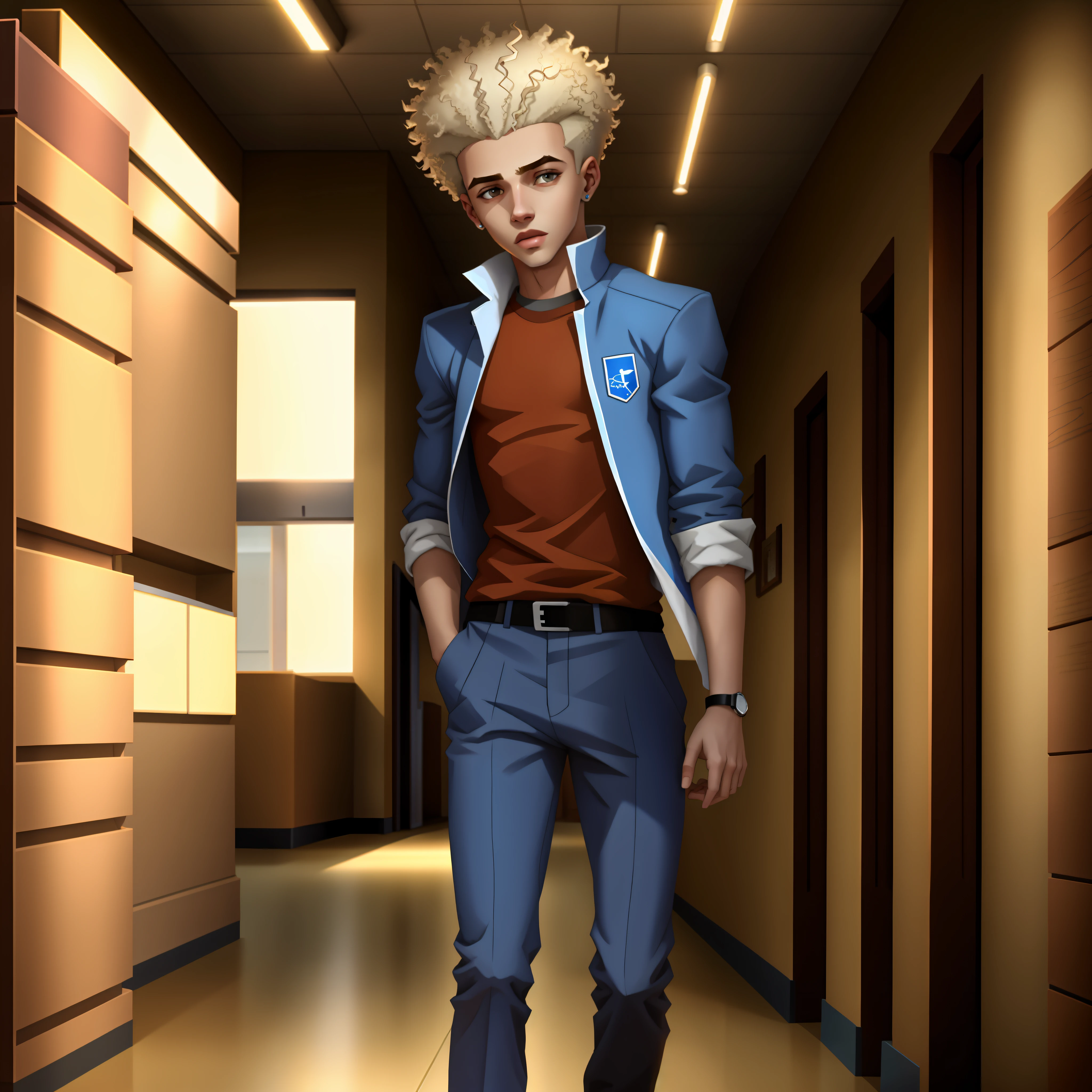 White boy with curly shaved hair, young high school ager