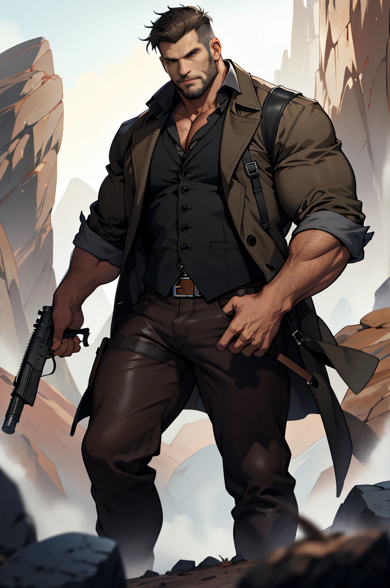 Mature man, best quality, brown jeans, wearing tall riding shoes, a submachine gun in one hand, one foot on a stone, long handsome trench coat in black, dark gray vest (hole), bad, masterpiece, super high resolution, detailed background, reality, illustration, single, 1 boy, muscle man, beard, desert, desert, mountain, muscle, facial hair, volumetric lighting, depth of field, wheezing, raised crotch, handsome action, big dynamic