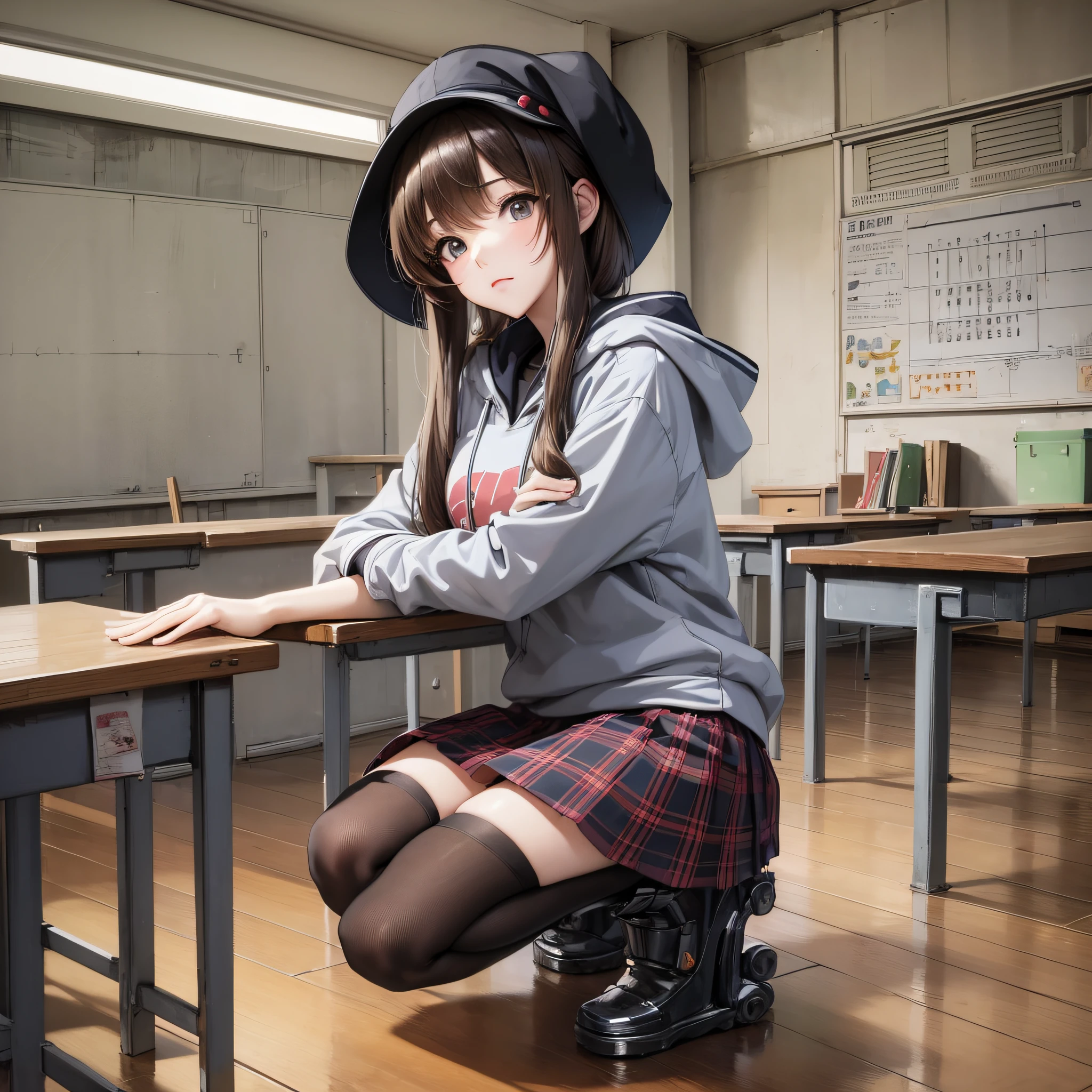 (Masterpiece), (High resolution), (Ultra detailed), Anime girl kneeling with hat, indoor, in classroom, Kantai collection style, skirt, open legs, beautiful anime girl squat, anime beautiful art style, anime girl squat, brunette girl in hoodie, young anime girl, (anime girl), anime girl, anime best girl, shy --auto --s2