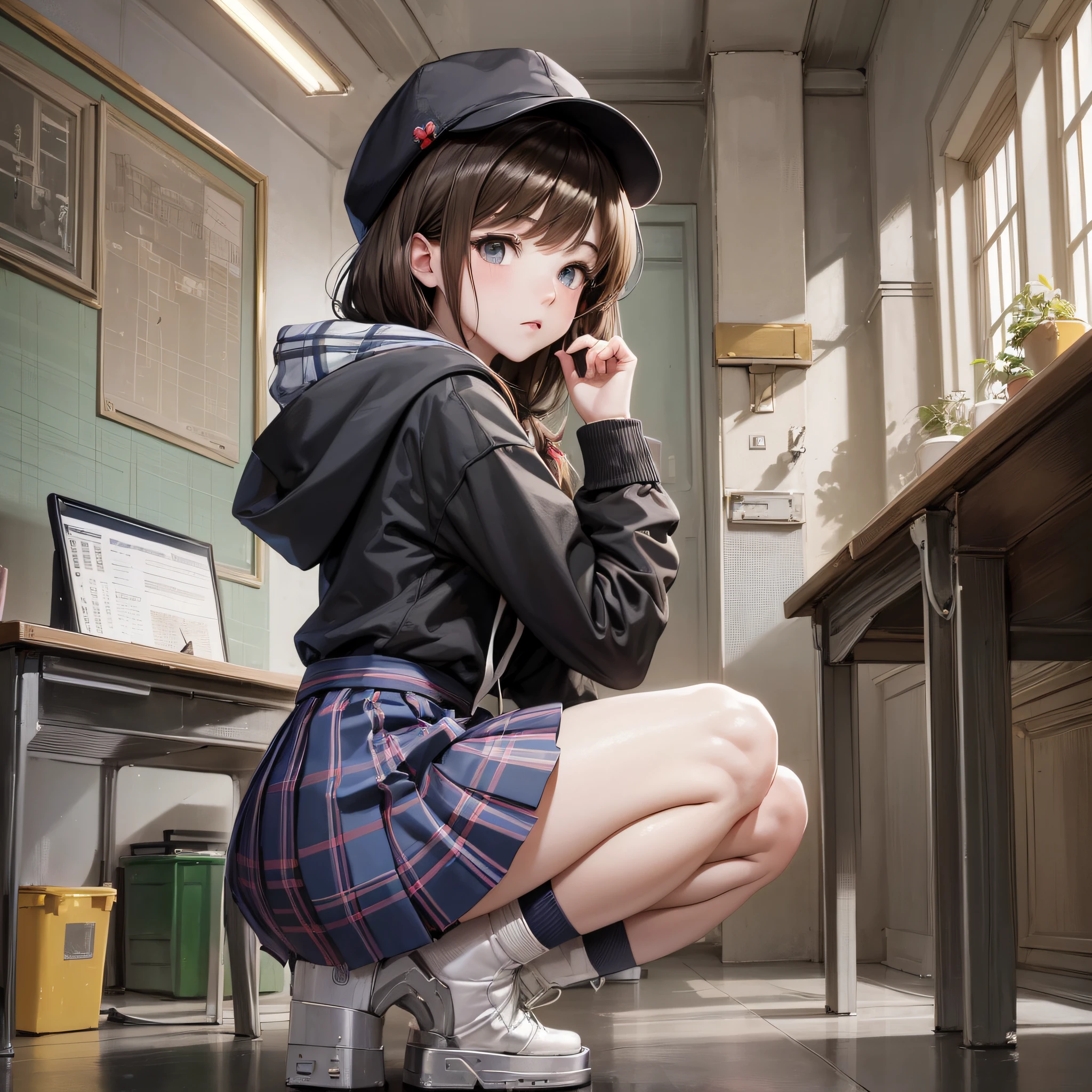 (Masterpiece), (High resolution), (Ultra detailed), Anime girl kneeling with hat, indoor, in classroom, Kantai collection style, skirt, open legs, beautiful anime girl squat, anime beautiful art style, anime girl squat, brunette girl in hoodie, young anime girl, (anime girl), anime girl, anime best girl, shy --auto --s2