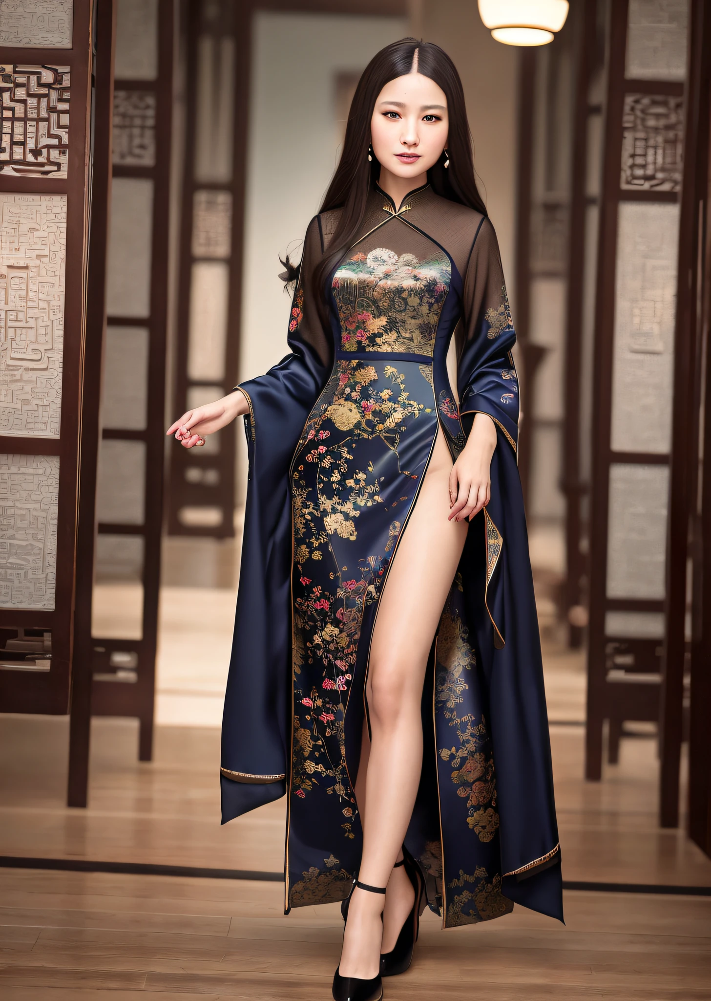 Mona Lisa Dressed in Chinese Cheongsam,, Gentle Expression, Full Body Portrait, Shoes, Catwalk, Masterpiece, Highest Quality, High Quality, Highly Detailed CG Unit 8k Wallpaper, Award Winning Photo, Bokeh, Depth of Field, HDR, Flood, Chromatic Aberration, Realistic, Very Detailed, Art Station Trend, CGsociety Trend, Complex, High Detail, Dramatic, Midway Art, Volumetric Lighting