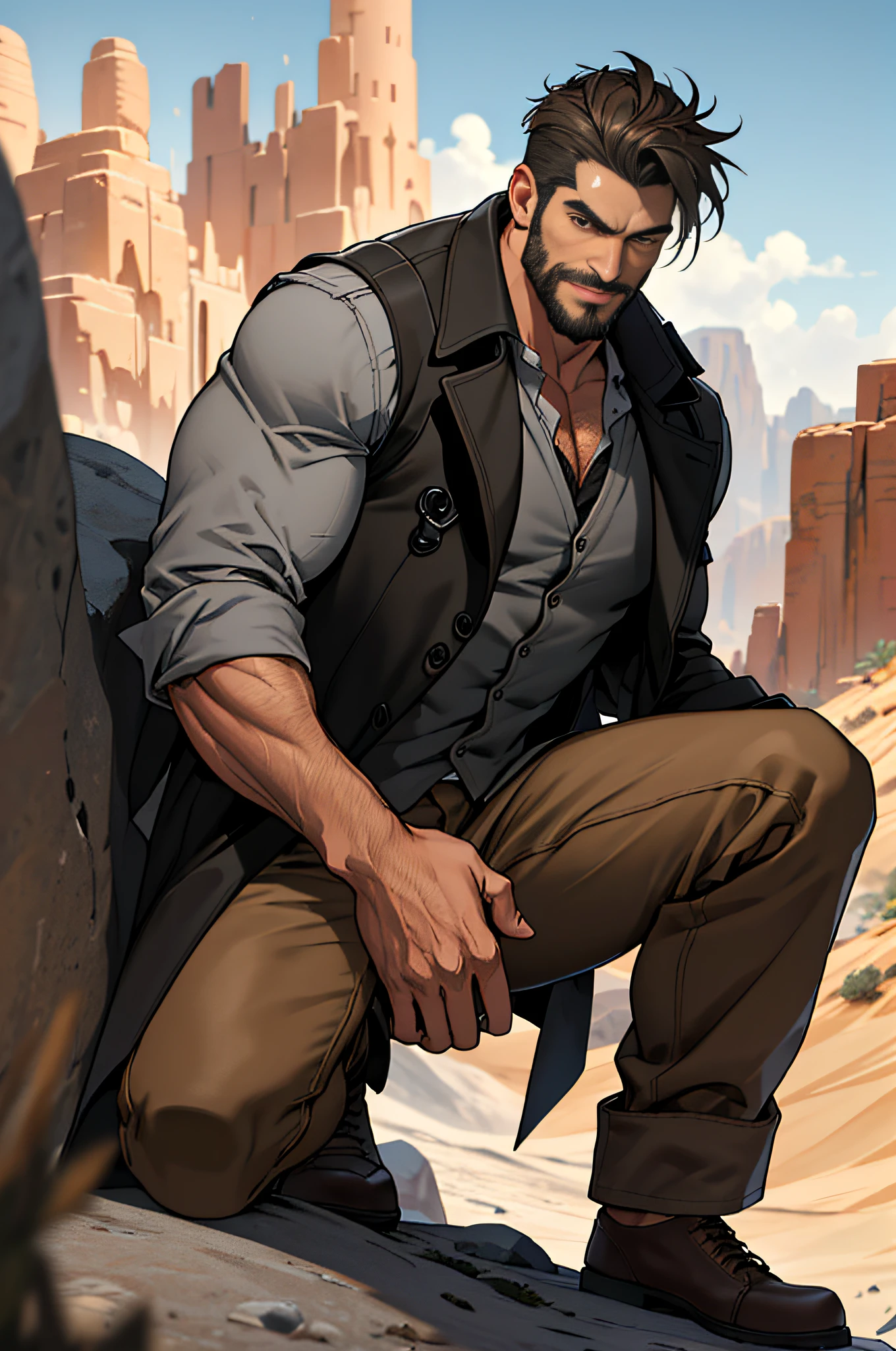 Mature man, best quality, brown jeans, wearing tall riding shoes, a submachine gun in one hand, one foot on a stone, long handsome trench coat in black, dark gray vest (hole), bad, masterpiece, super high resolution, detailed background, reality, illustration, single, 1 boy, muscle man, beard, desert, desert, mountain, muscle, facial hair, volumetric lighting, depth of field, wheezing, raised crotch, handsome action, big dynamic