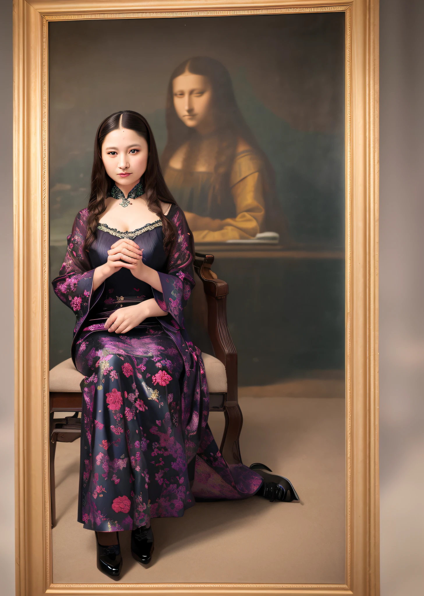 Mona Lisa Dressed in Chinese Cheongsam,, Gentle Expression, Full Body Portrait, Shoes, Catwalk, Masterpiece, Highest Quality, High Quality, Highly Detailed CG Unit 8k Wallpaper, Award Winning Photo, Bokeh, Depth of Field, HDR, Flood, Chromatic Aberration, Realistic, Very Detailed, Art Station Trend, CGsociety Trend, Complex, High Detail, Dramatic, Midway Art, Volumetric Lighting