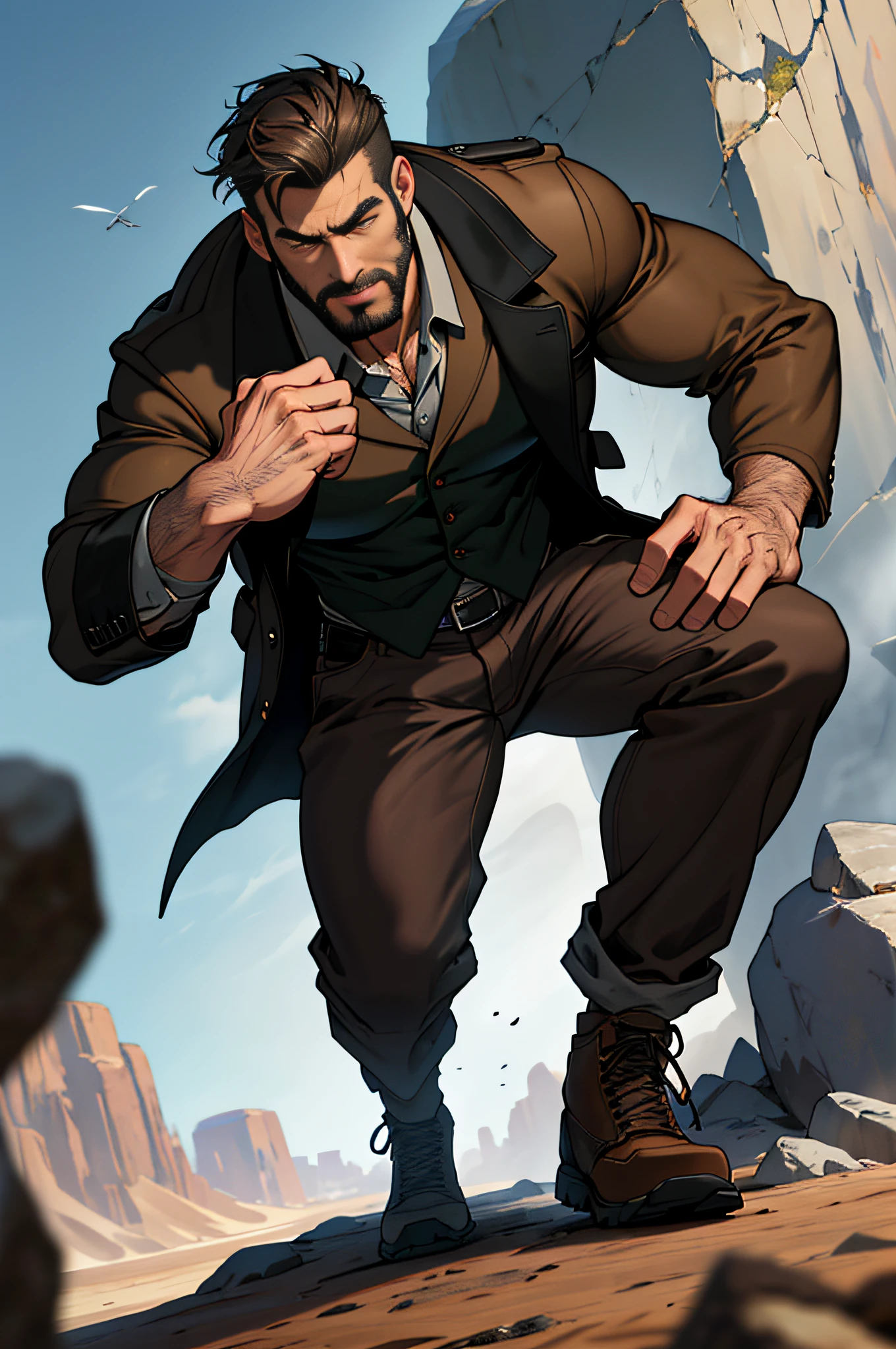 Mature man, best quality, brown jeans, wearing tall riding shoes, a submachine gun in one hand, one foot on a stone, long handsome trench coat in black, dark gray vest (hole), bad, masterpiece, super high resolution, detailed background, reality, illustration, single, 1 boy, muscle man, beard, desert, desert, mountain, muscle, facial hair, volumetric lighting, depth of field, wheezing, raised crotch, handsome action, big dynamic