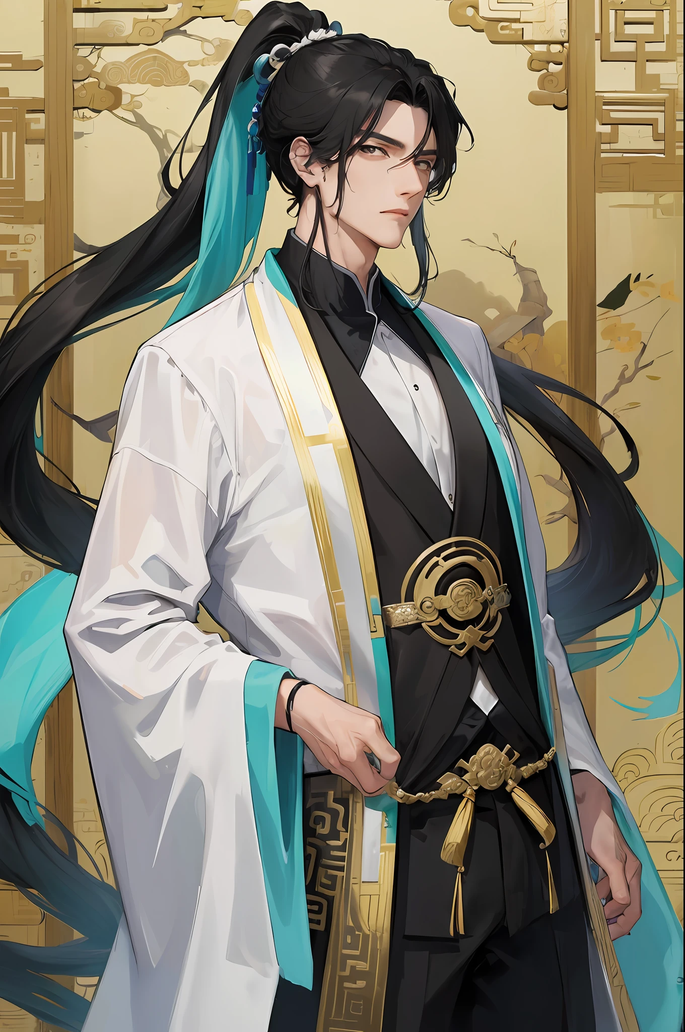 Masterpiece, Excellent, A Man, Chinese Style, Ancient Chinese, Black Hair, Black Eyes, Long Hair, Long Bangs, High Ponytail, Handsome, Masculine, Gentle, Tall, Quiet, Cyan Robe, Fengshu, Young Man, Steady Expression, Like a Fairy