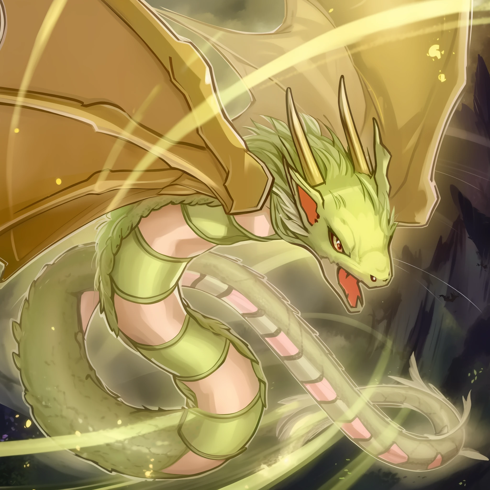 A flying dragon snake, it has a snake-like body, the head of a flying squirrel with dragon horns on its head, the wings of a bat, and the body has pale green fluff. Monsters, game illustrations