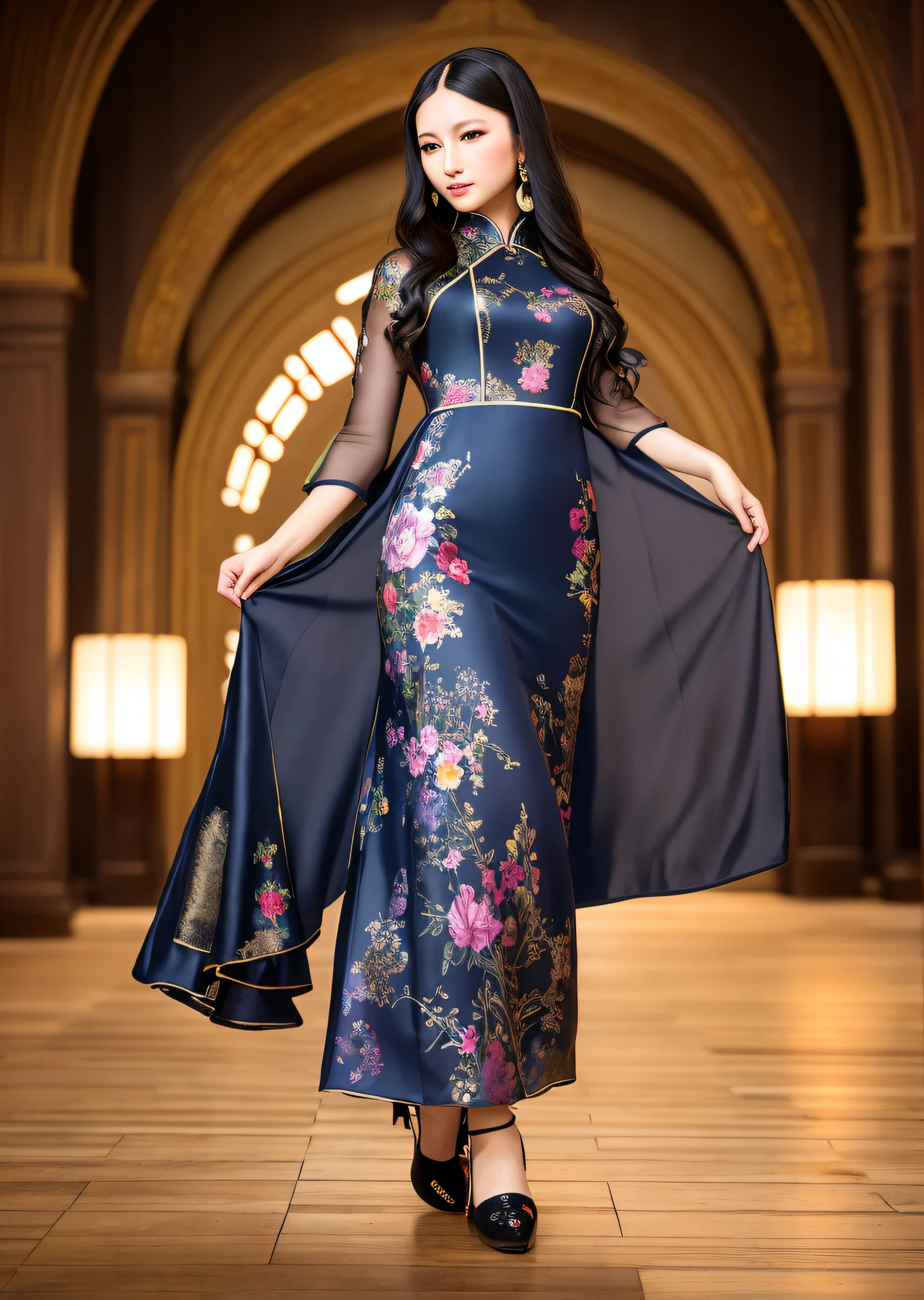 Mona Lisa Dressed in Chinese Cheongsam,, Gentle Expression, Full Body Portrait, Shoes, Catwalk, Masterpiece, Highest Quality, High Quality, Highly Detailed CG Unit 8k Wallpaper, Award Winning Photo, Bokeh, Depth of Field, HDR, Flood, Chromatic Aberration, Realistic, Very Detailed, Art Station Trend, CGsociety Trend, Complex, High Detail, Dramatic, Midway Art, Volumetric Lighting