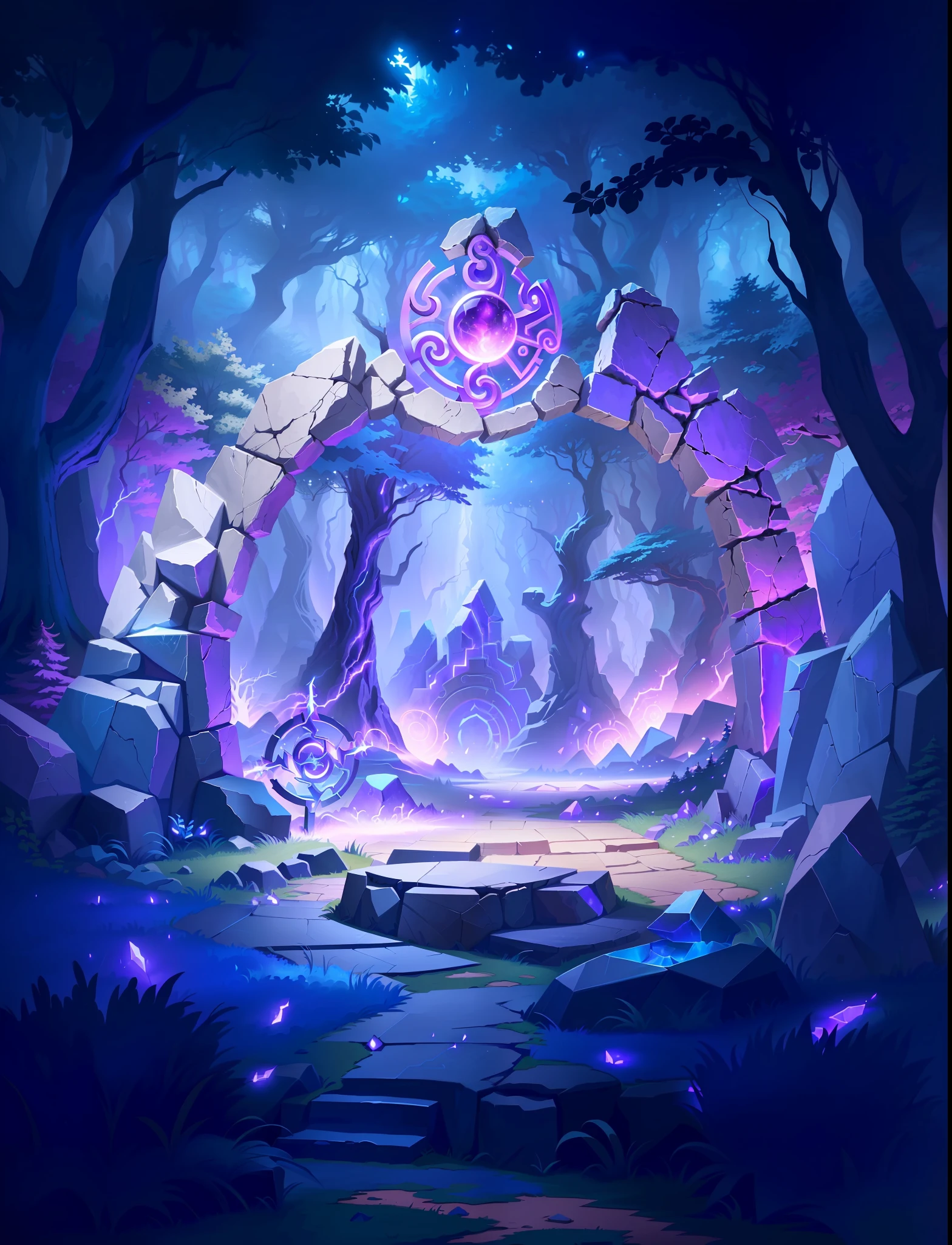 a close up of a cartoon style scene of a purple portal, odin's stone arena background, magic stone portal in the forest, wonderland portal, arena background, magical portal gateway, magical portal opened, magical glowing time portal, background artwork, stylized concept art, stunning arcanum backdrop, magical portal, vortex portal banish the elders, forest portal