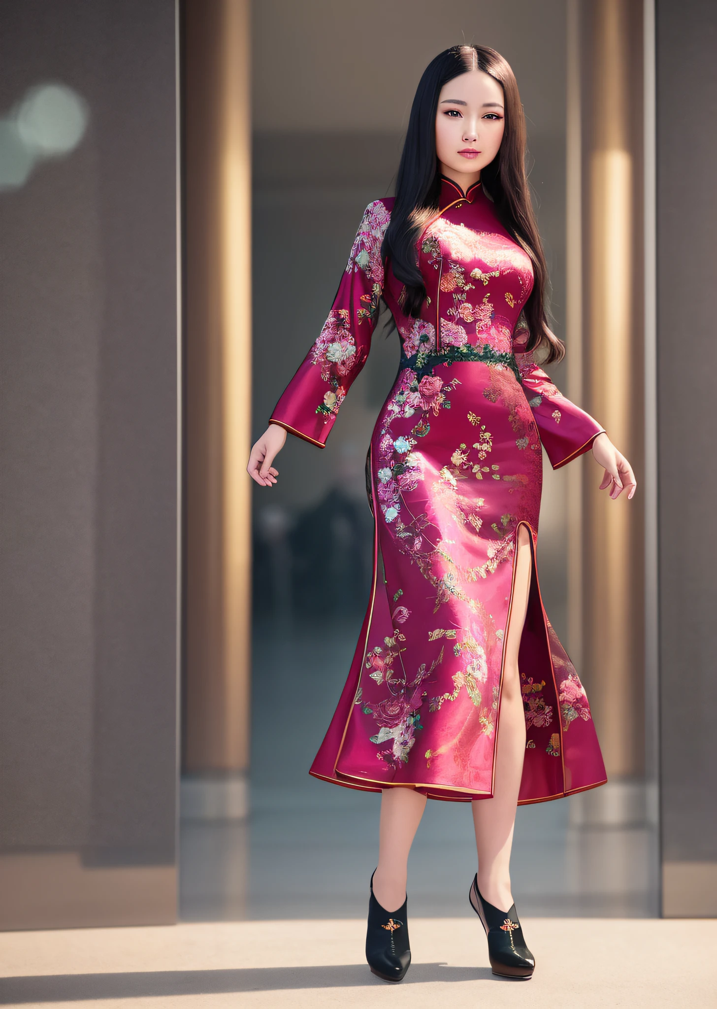 Mona Lisa Dressed in Chinese Cheongsam,, Gentle Expression, Full Body Portrait, Shoes, Catwalk, Masterpiece, Highest Quality, High Quality, Highly Detailed CG Unit 8k Wallpaper, Award Winning Photo, Bokeh, Depth of Field, HDR, Flood, Chromatic Aberration, Realistic, Very Detailed, Art Station Trend, CGsociety Trend, Complex, High Detail, Dramatic, Midway Art, Volumetric Lighting