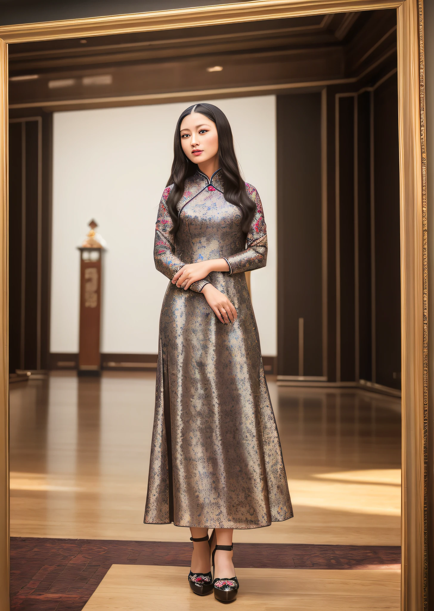 Mona Lisa Dressed in Chinese Cheongsam,, Gentle Expression, Full Body Portrait, Shoes, Catwalk, Masterpiece, Highest Quality, High Quality, Highly Detailed CG Unit 8k Wallpaper, Award Winning Photo, Bokeh, Depth of Field, HDR, Flood, Chromatic Aberration, Realistic, Very Detailed, Art Station Trend, CGsociety Trend, Complex, High Detail, Dramatic, Midway Art, Volumetric Lighting