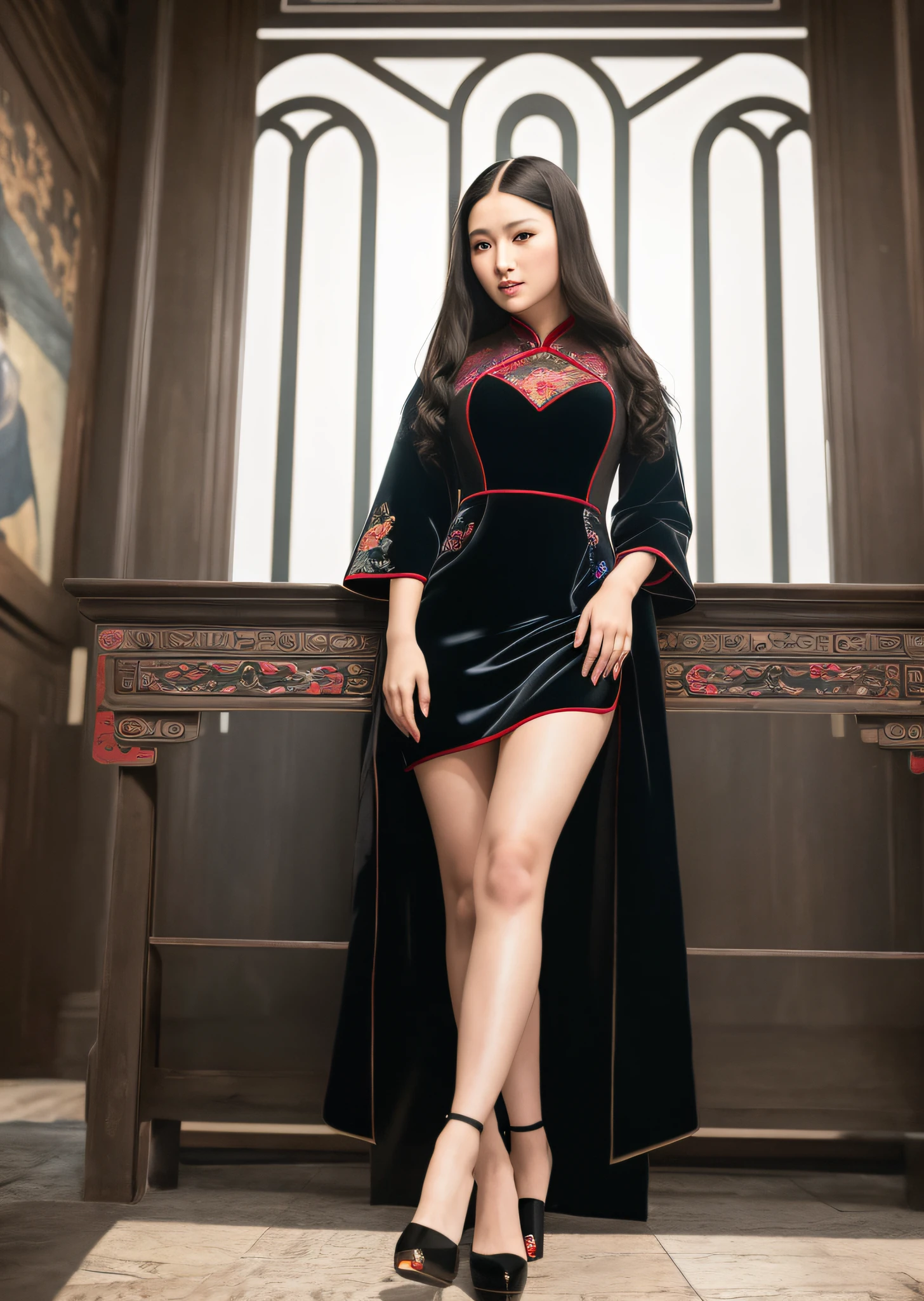 Mona Lisa Dressed in Chinese Cheongsam,, Gentle Expression, Full Body Portrait, Shoes, Catwalk, Masterpiece, Highest Quality, High Quality, Highly Detailed CG Unit 8k Wallpaper, Award Winning Photo, Bokeh, Depth of Field, HDR, Flood, Chromatic Aberration, Realistic, Very Detailed, Art Station Trend, CGsociety Trend, Complex, High Detail, Dramatic, Midway Art, Volumetric Lighting