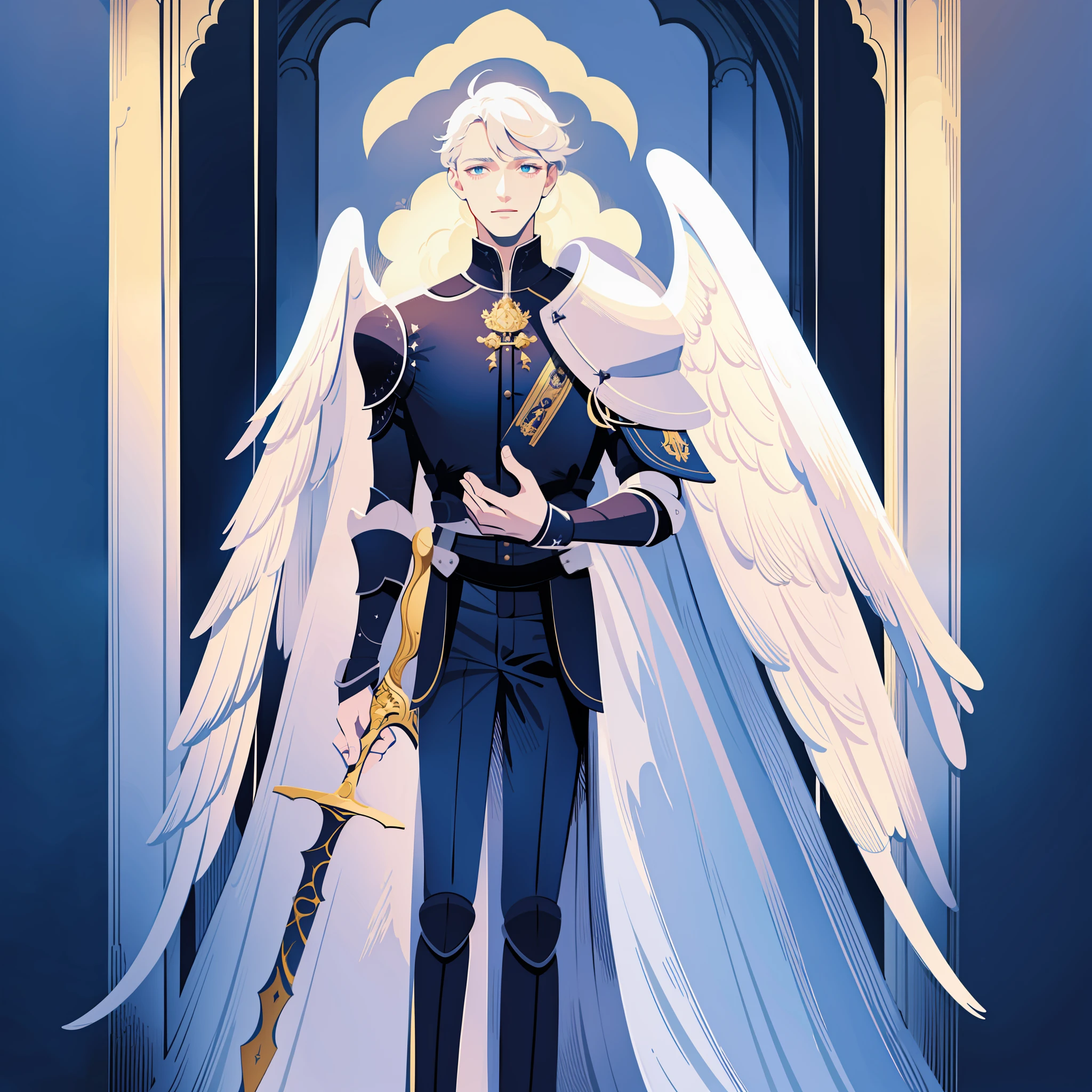 knight, young men, sword holding , schield holding, angel, silver hair, blue eyes, portrait, 1character, full body