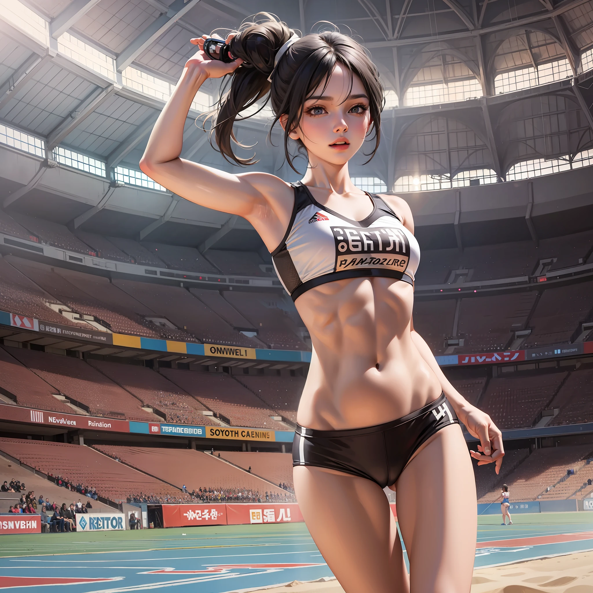 masterpiece, best quality, realistic, ultra detailed, sfw, 1girl, toned black-haired athletic girl in a stadium, long jump, sand, audience, cameras