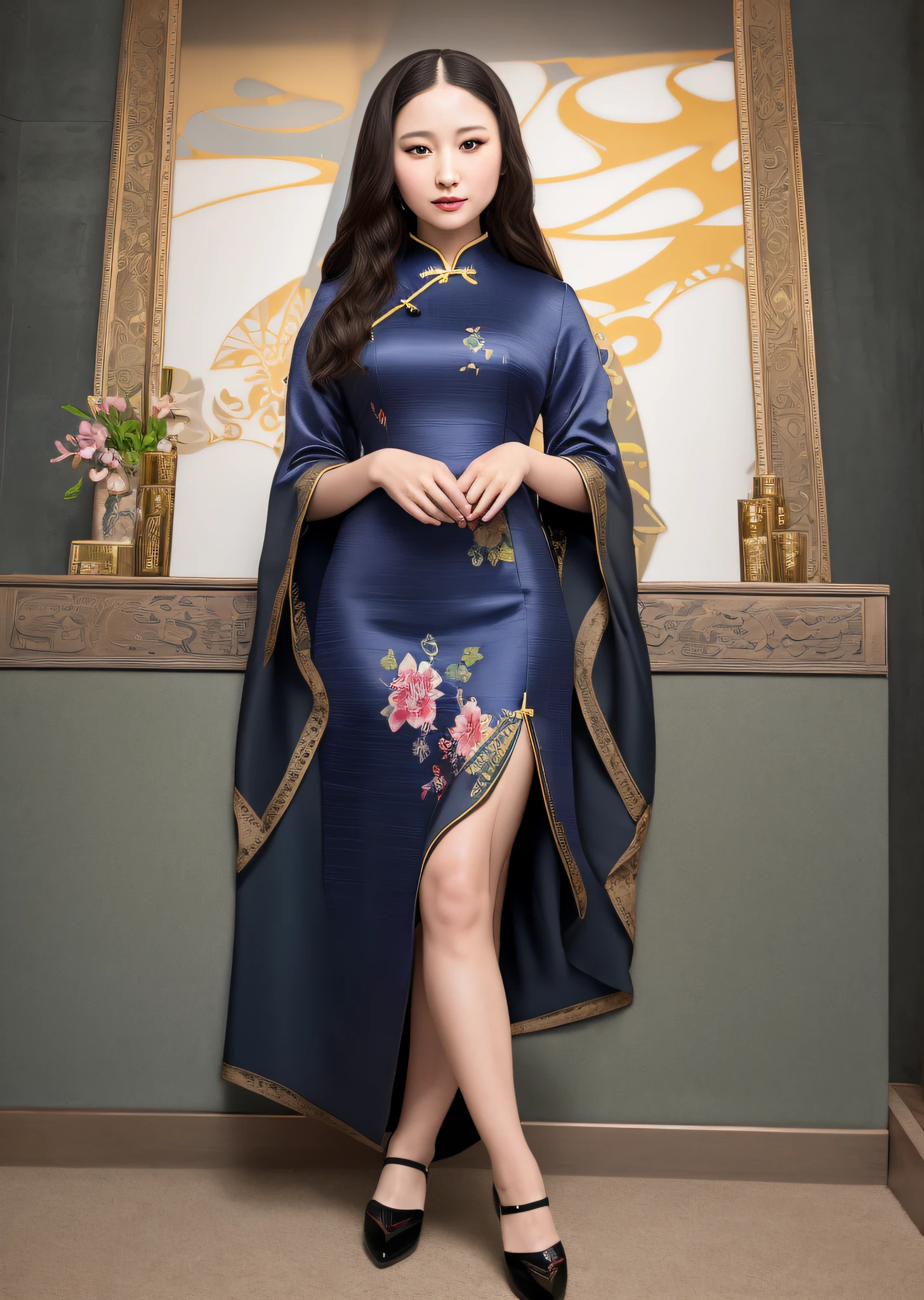 Mona Lisa Dressed in Chinese Cheongsam,, Gentle Expression, Full Body Portrait, Shoes, Catwalk, Masterpiece, Highest Quality, High Quality, Highly Detailed CG Unit 8k Wallpaper, Award Winning Photo, Bokeh, Depth of Field, HDR, Flood, Chromatic Aberration, Realistic, Very Detailed, Art Station Trend, CGsociety Trend, Complex, High Detail, Dramatic, Midway Art, Volumetric Lighting