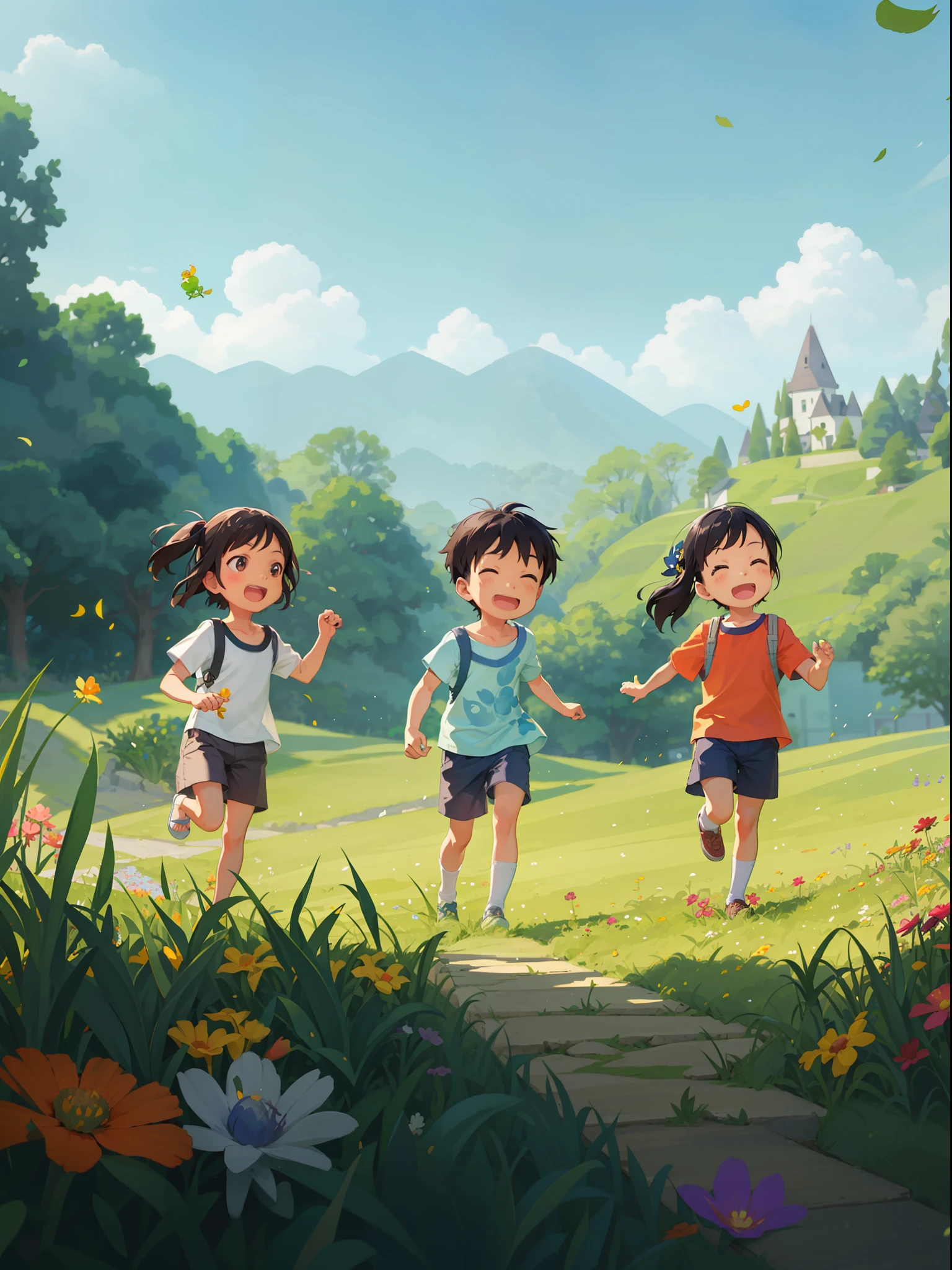 Three super cute asian kids running happily on the green grass with beautiful flowers and greenery on the grass, full of summer atmosphere, medium scene, Paul Klee painting style, 3D drawing, Blender software rendering, OC renderer, fine detail, tilt-shift effect, 16k resolution, best image quality.