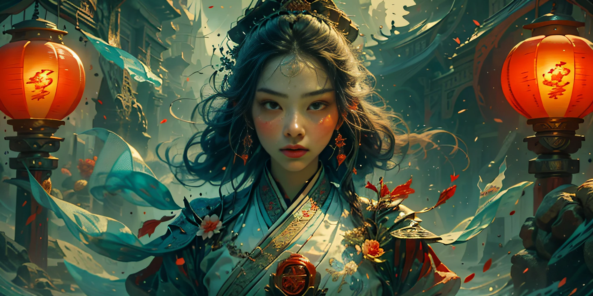 (8K quality: 1.3), (Best image quality: 1.2), 1 female, (face details), perfect face, unique, (overall detail details: 1.4), (imperial water), Chinese Hanfu, flowers, perfect combination of dream and fairy, (masterpiece: 1.2), Tang Dynasty oversized clothing mopping, Tang Dynasty exquisite jewelry, crown, served look, arrogant, wonderful, beauty, overall center alignment, beautiful scenery, red lantern, smoke, illusion, soaring, red carp, imperial sword, clothes floating, inflatable airflow, killing enemies, doppelganger