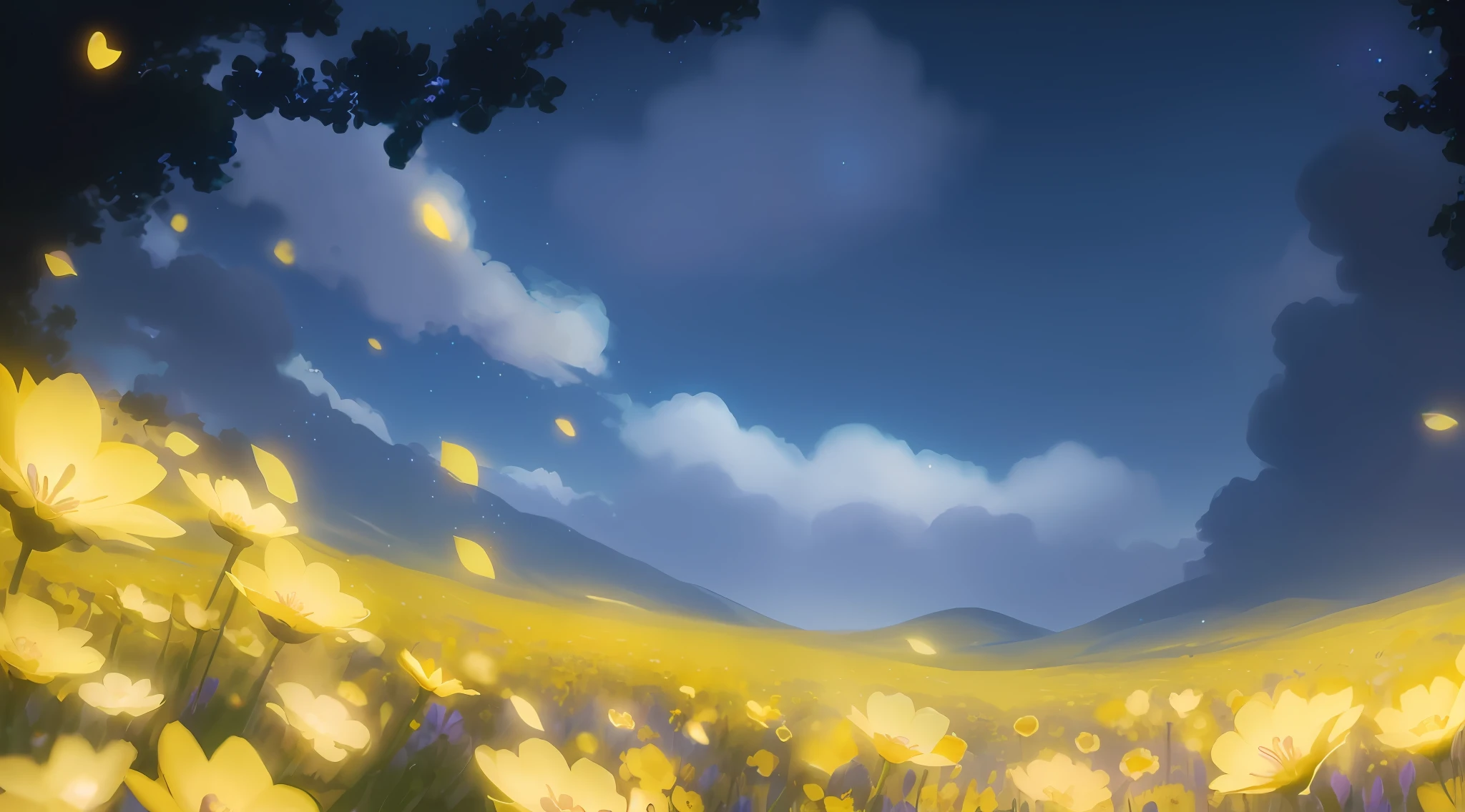yellow flowers with a blue sky in the background, background artwork, background art, field of flowers at night, luminous flowers, anime background art, night sky full of flowers, random background scene, flowerfield, flower field, floral environment, field of flowers background, concept piece, glowing flowers, official art, blurry and dreamy illustration, blurred and dreamy illustration, light bloom