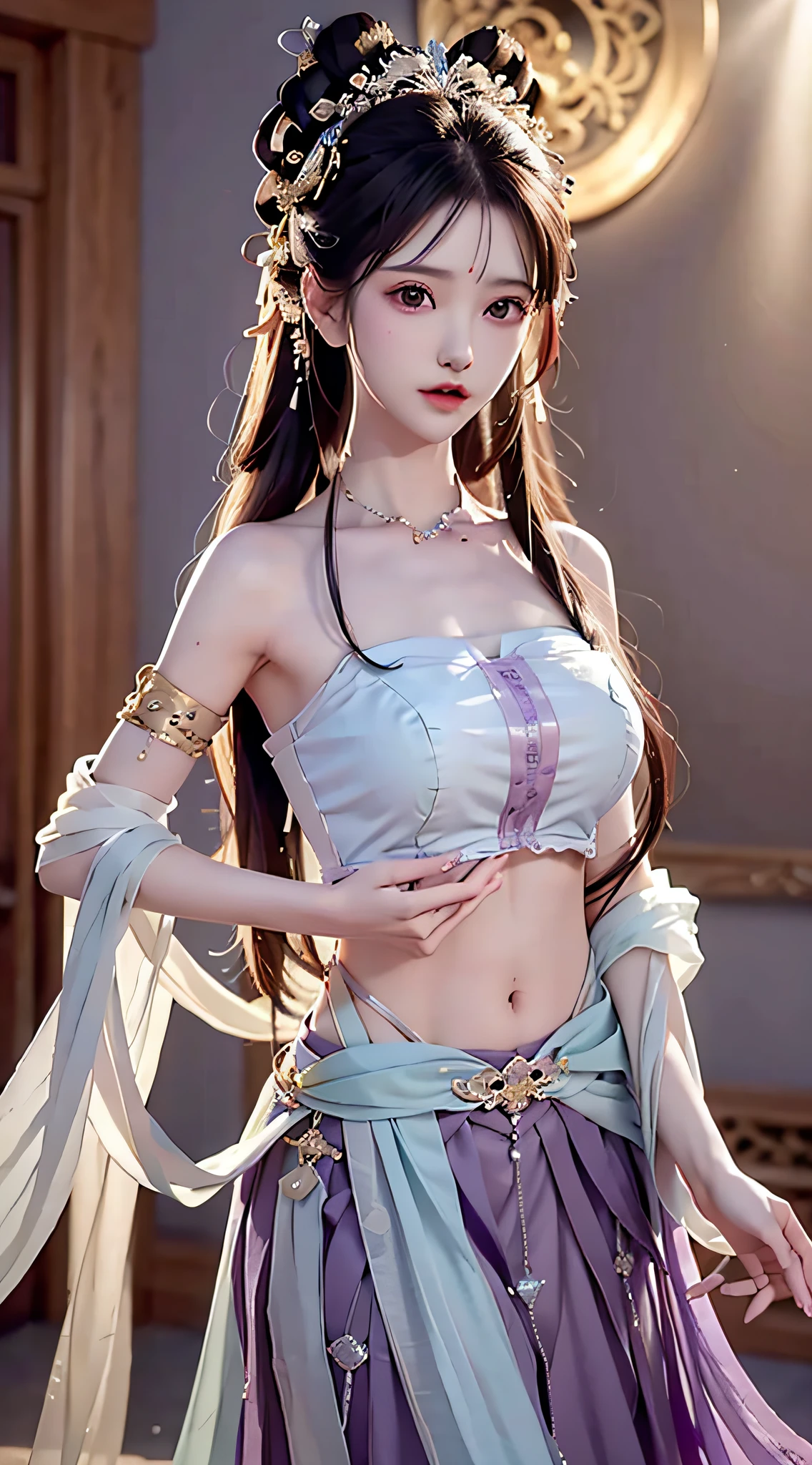 Bust photo, a beautiful woman, messy hair, girly, symmetrical bun, hair accessories, jewelry, delicate face, eye shadow, purple top, purple, purple, crop navel, purple long skirt, Dunhuang style, delicate embroidery, silver decoration, silver streamer, white streamer, light blue streamer, delicate skin, soft light effect, delicate and smooth hair, delicate details, eye highlights, fair skin, fine portrayal, extreme details, cinematic quality, thin, slender, broken, hair details, thin bangs, shawl hair, right body, shadow, air bangs, 8K, super fine, fine fabric texture, soft, supple, smooth texture, Dunhuang style, delicate pattern, correct hand painting, anatomical correct, accurate, night, dark night, lighting, Tyndall effect, ray tracing, HUD, outdoor, outdoor, desert