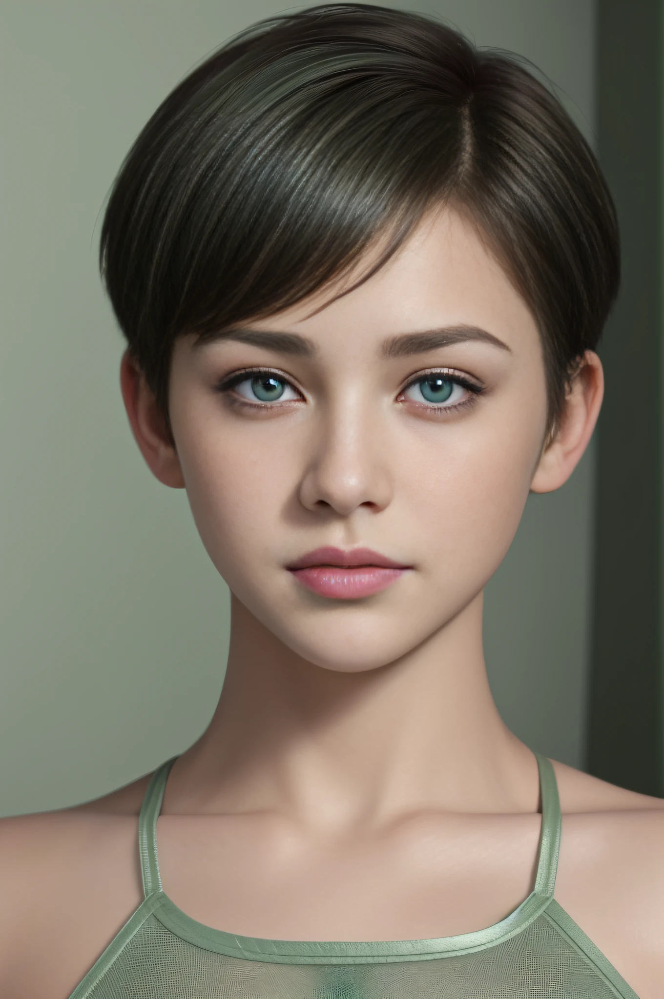 ((best quality)), ((masterpiece)), ((realistic)),((sharp eyes), short faded hair woman in studio, green eyes, ((ultra realistic)), boy cut hairstyle, ((front facing)), wearing crop top, (((nosering)))