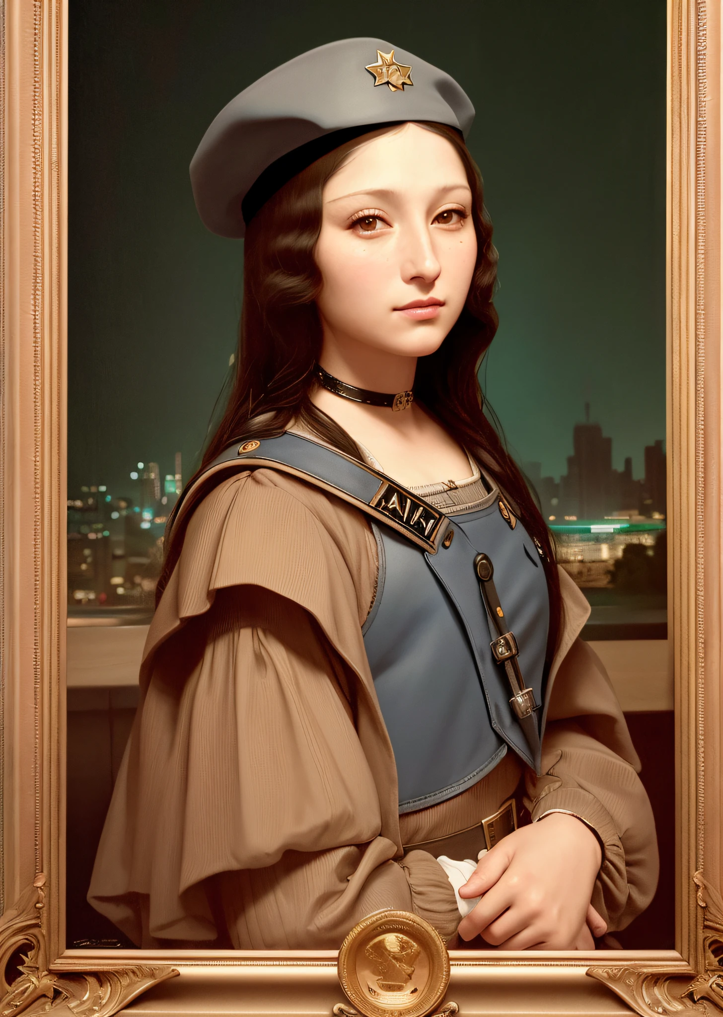 Mona Lisa wears American police uniform, wearing an octagonal police cap, bulletproof vest, pistol, gentle expression, full body portrait, police boots, catwalk, masterpiece, highest quality, high quality, highly detailed CG unit 8k wallpaper, award winning photo, bokeh, depth of field, HDR, flood, chromatic aberration, realistic, very detailed, art station trend, CGsociety trend, complex, high detail, dramatic, midway art, volumetric lighting