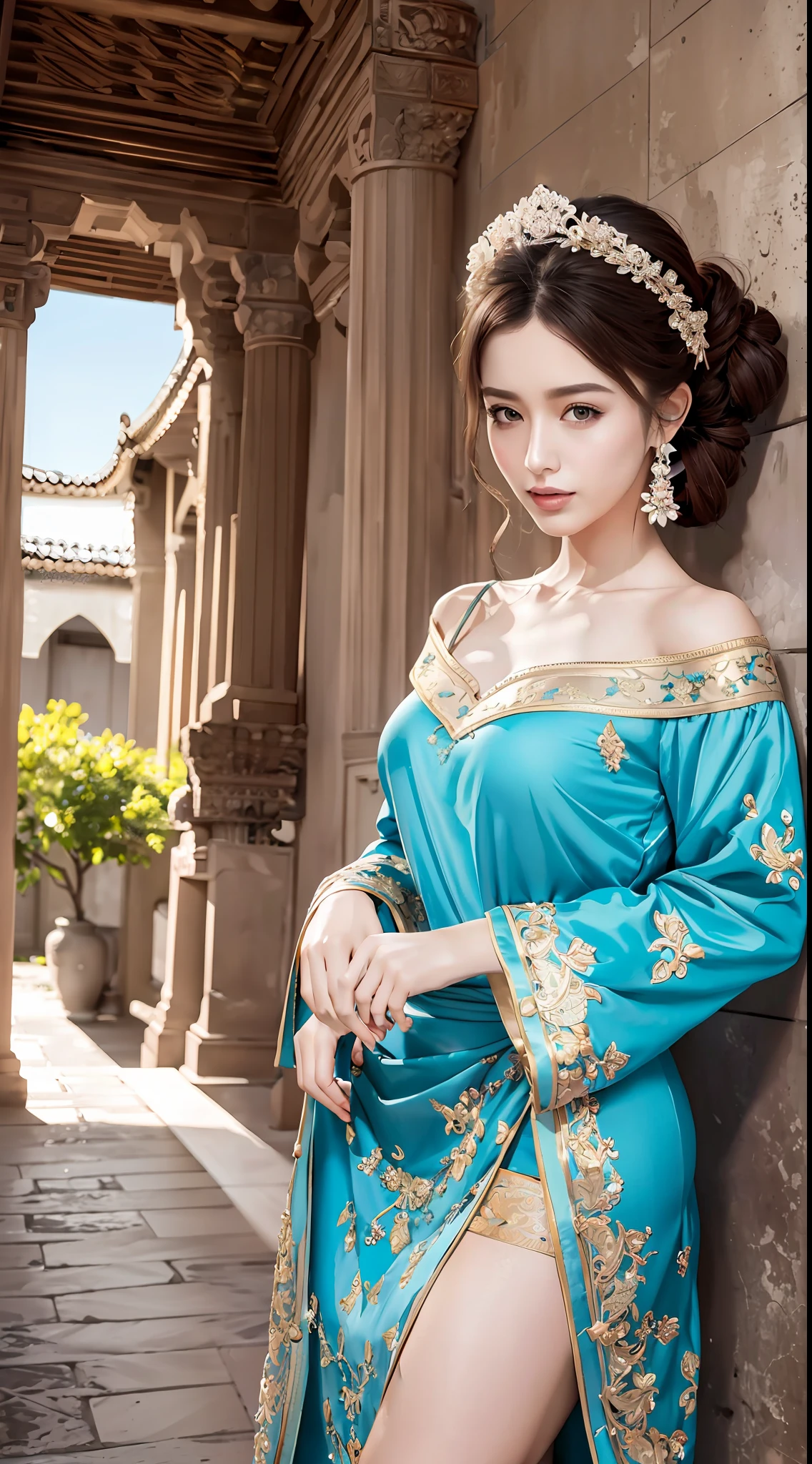 (8K, Best Quality, Masterpiece: 1, 2), (Realistic, Photo Realistic: 1, 37), Top Quality, Lots of Details, Antique Bandeau Dress, Literary, Beautiful, Elegant, Slender Eyebrows, Clear Eyes, Ruddy Lips, Soft Skin, Satin Long-sleeved Top, with Golden Edge, Antique Long-sleeved Dress, Fuqin Posture, Waiting Posture, Magnificent Palace, Azure Sky, Quiet Courtyard, Full Body Close-up