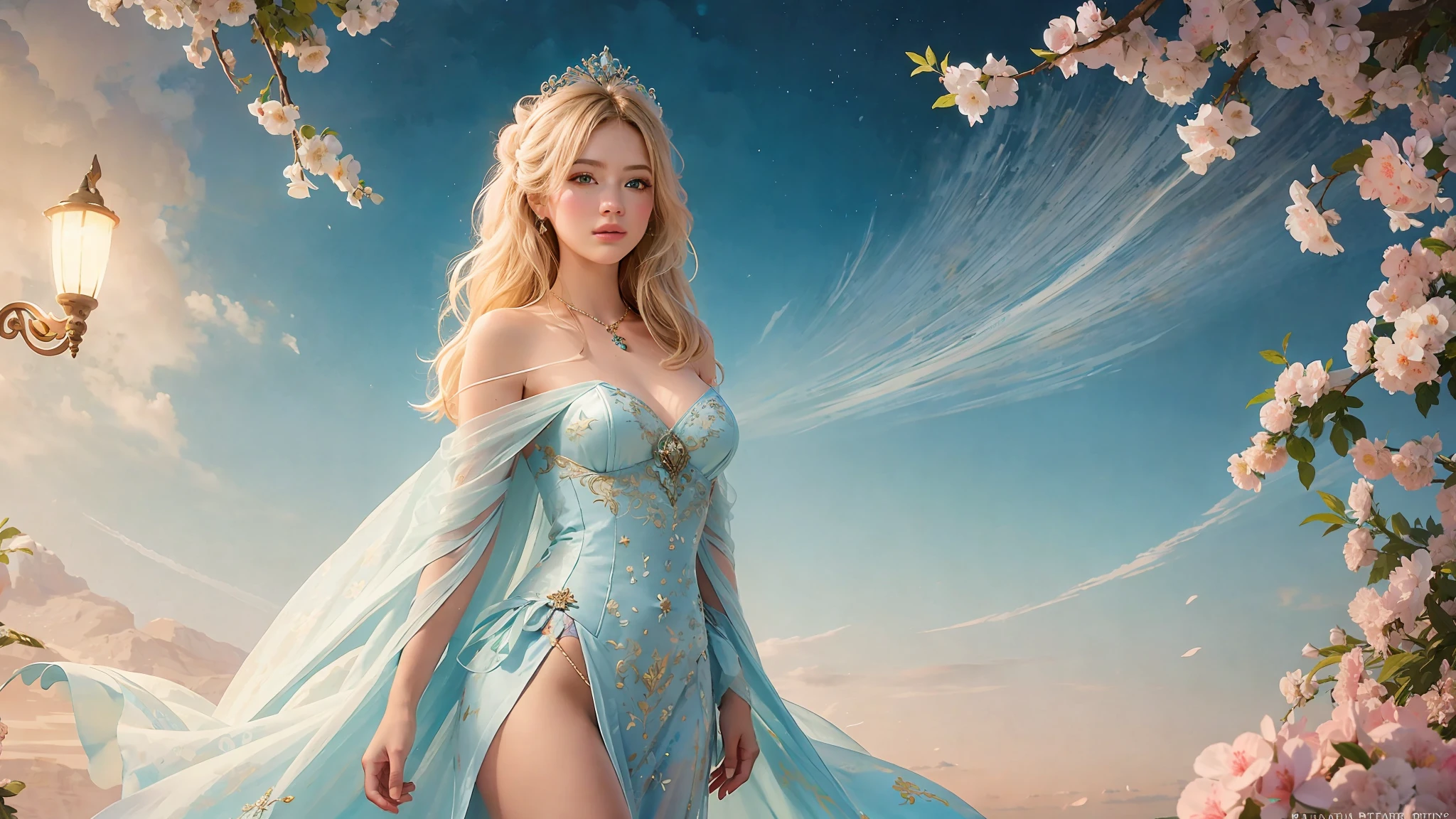 a photography, HD,, photo, woman, beautiful dress ornate, mdjrny-v5, style portrait of a gorgeous blond female in the style of stefan kostic, realistic, half body shot, sharp focus, 8 k high definition, insanely detailed, intricate, elegant, art by stanley lau and artgerm, extreme blur flames background, Princess girl with wing, Blue, Pastel, glitter, dramatic, dreamy, pastel, Watercolor, Whimsical, Delicate, seashell crown, Trending on Artstation, Highly detailed, Intricate, Portrait, digital painting, Fantasy theme, Fantasy robes, Fantasy concept art, Fantasy character art, Smug, age girl, perfect body, full body, dreamy, pastel, Watercolor, Whimsical, Delicate, seashell crown masterpiece, 8k, perfect lighting, , adult, female, cowboy shot, looking at viewer, cinematic lighting, Fawn