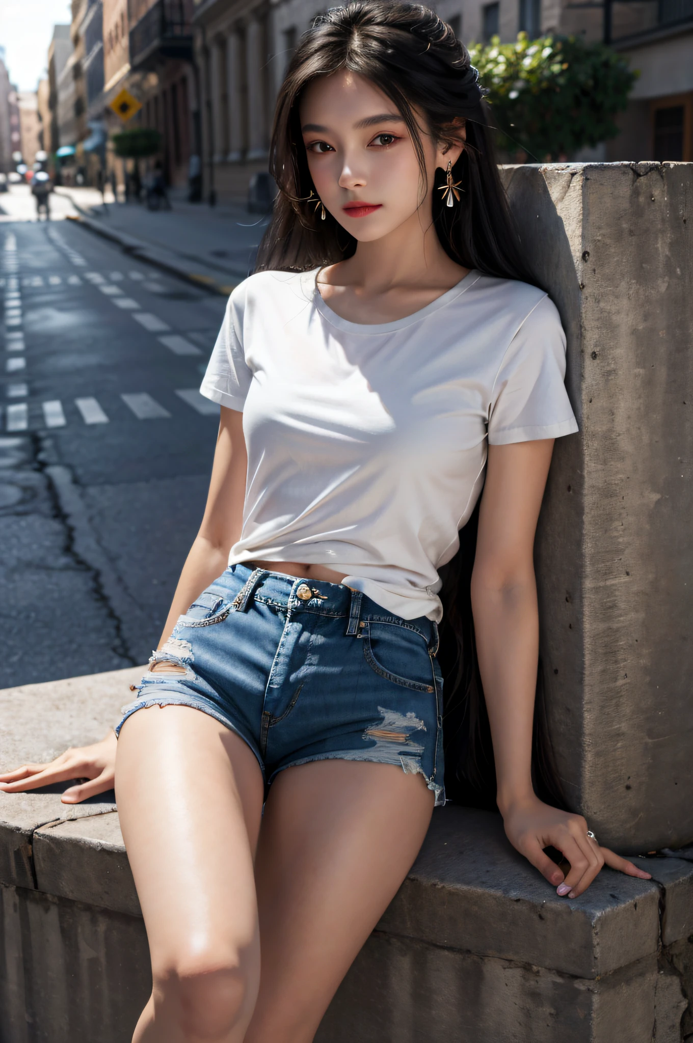 Best Quality, Masterpiece, Ultra High Resolution, (Realistic: 1.4), Original Photo, (Evening Street), 1 Girl, Black Eyes, Looking at the Viewer, Long Hair, Light Makeup, Lips, Small Ears, White T-Shirt, Denim Shorts, Earrings, Slim