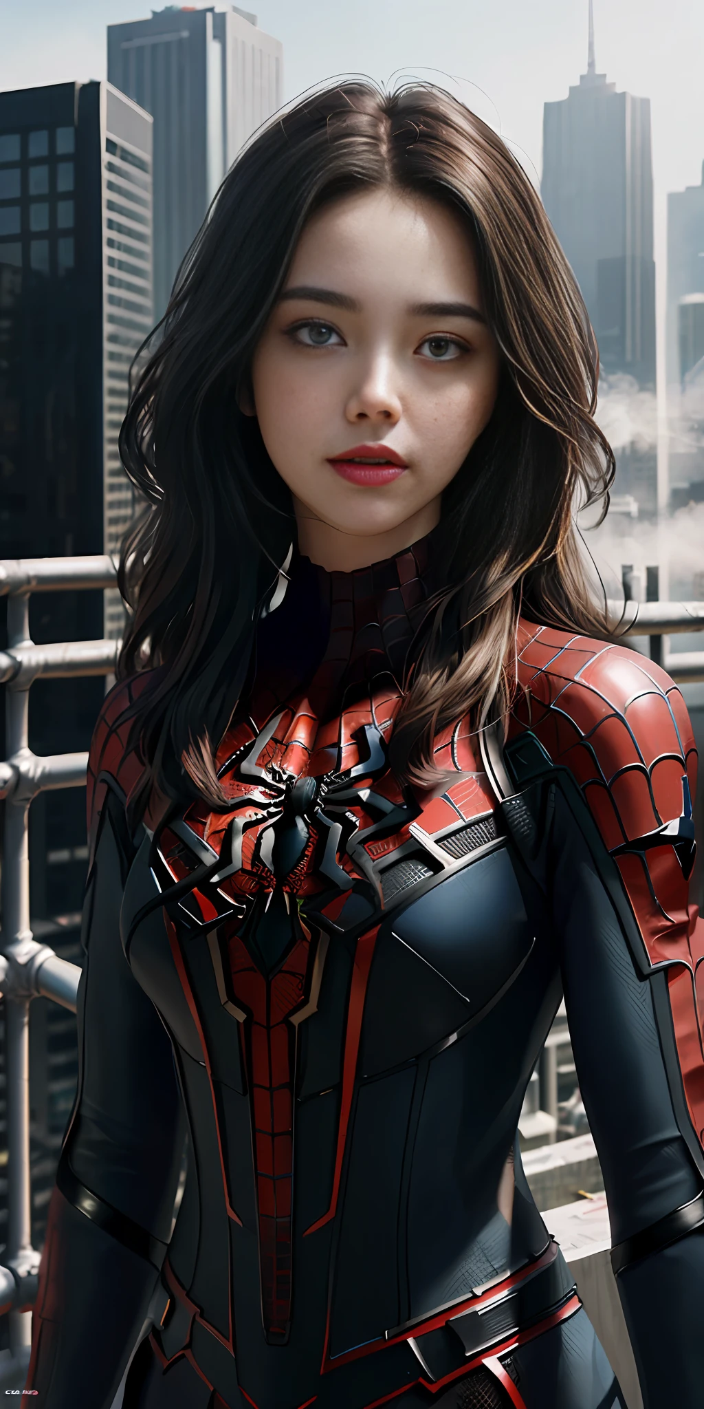 (1girl:1.3), Solo, (((Very detailed face)))), ((Very detailed eyes and face)))), Beautiful detail eyes, Body parts__, Official art, Unified 8k wallpaper, Super detailed, beautiful and beautiful, beautiful, masterpiece, best quality, original, masterpiece, super fine photo, best quality, super high resolution, realistic realism, sunlight, full body portrait, amazing beauty, dynamic pose, delicate face, vibrant eyes, (from the front), She wears Spider-Man suit, red and black color scheme, spider, very detailed city roof background, rooftop, overlooking the city, detailed face, detailed complex busy background, messy, gorgeous, milky white, highly detailed skin, realistic skin details, visible pores, clear focus, volumetric fog, 8k uhd, DSLR, high quality, film grain, fair skin, photo realism, lomography, futuristic dystopian megalopolis, translucent