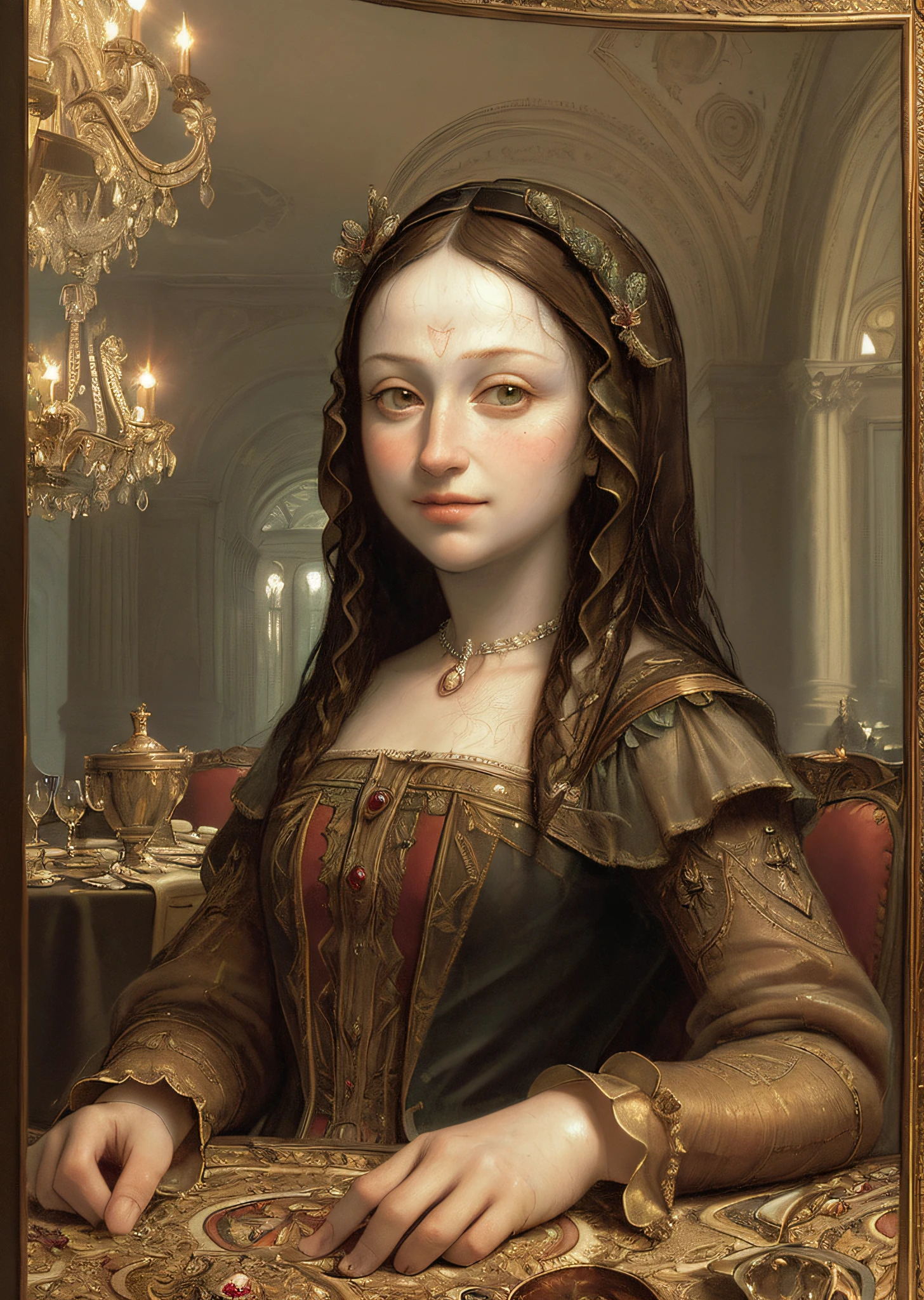 Tips: ((((Masterpiece))), ((Best Quality))), ((Ultra Detailed)), (Highly Detailed CG Illustration), Mona Lisa, Food, Luxury Clothing, Luxury Dining Table, Luxury Palace, Crystal Chandelier, Windows, Carpet, Movie Light, (Detailed Face), (Detailed Eyes), (8k wallpaper), Anatomically Right, Textured Skin, Unreal Engine 5 rendering, HD resolution, lots of detail, Intricate detail, ray tracing, complex scenes, extremely detailed, Incredibly ridiculous, high resolution, .