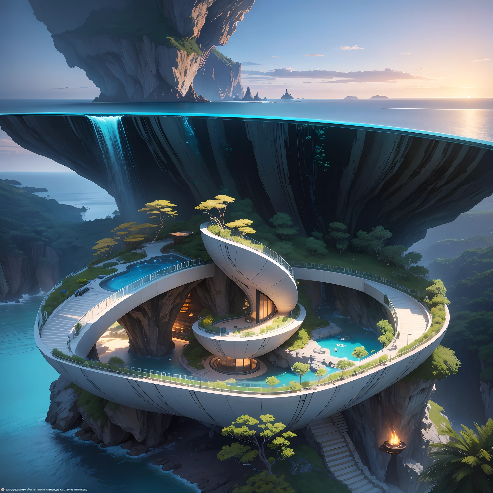 a modern futuristic design large cliff House's with a artificial waterfall and a pool in the middle, nature meets architecture, built around blue ocean, realistic beehive architecture, organic architecture, very close to real nature, breathtaking render, island with cave, stunning architecture, luxury architecture, realistic fantasy render, by Zha Shibiao, epic and stunning, architectural visualization, epic architecture, concept art. 8 k --auto --s2