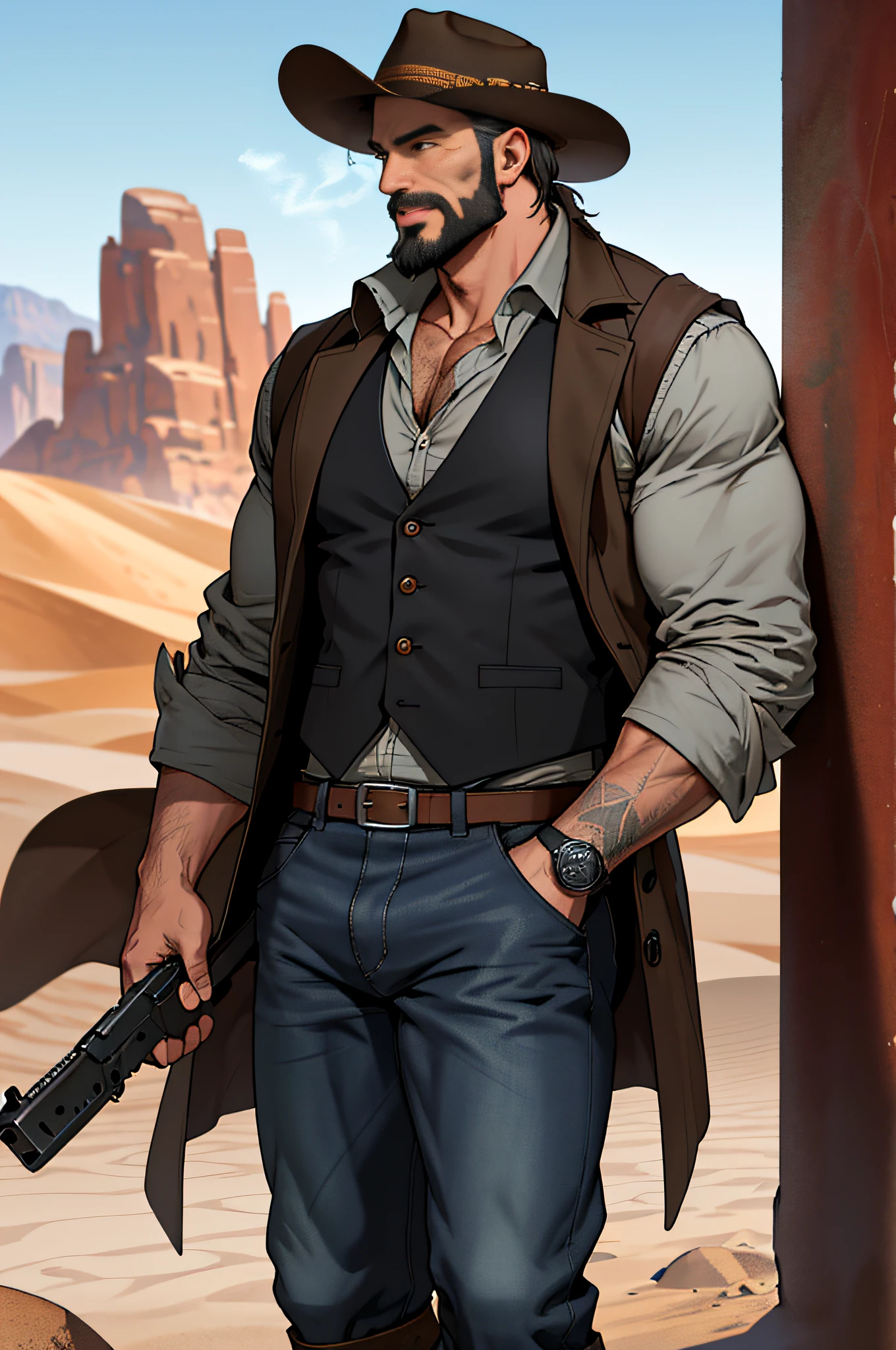 Mature man, best quality, adventurer, with brown denim hat, blue jeans, wearing tall horse shoes, carrying a submachine gun in one hand, one foot on a stone, long handsome trench coat in black, dark gray vest (hole), bad, masterpiece, super high resolution, detailed background, reality, illustration, single, 1 boy, muscle man, beard, desert, desert, mountain, muscle, facial hair, volumetric lighting, depth of field, wheezing, raised crotch, handsome action, big dynamics
