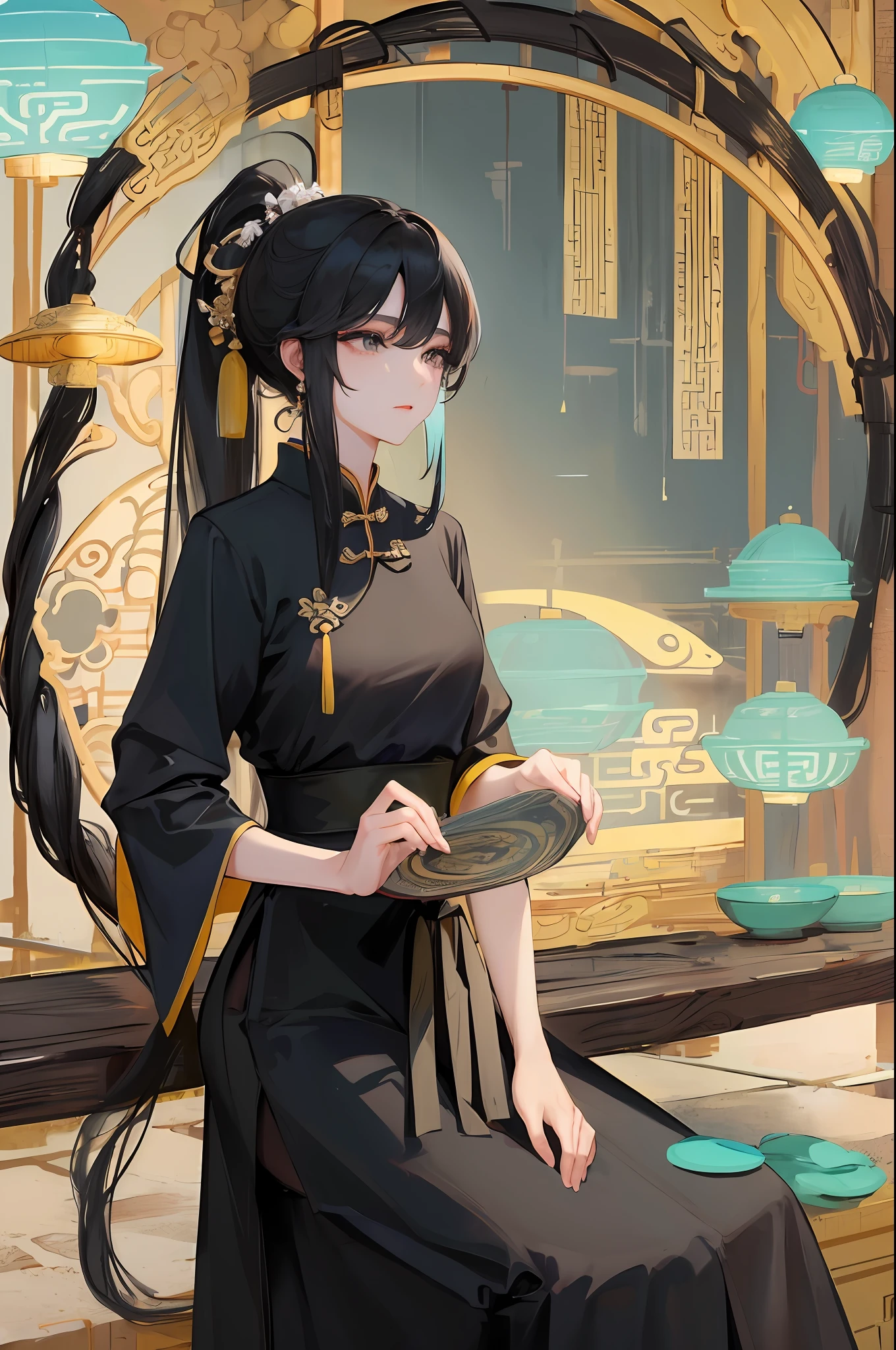 Masterpiece, Excellent, A Woman, Chinese Style, Ancient Chinese, Black Hair, Black Eyes, Long Hair, Long Bangs, High Ponytail, Beautiful, Gentle, Quiet, Cyan Long Skirt, Fengshu, Young Woman, Steady Expression, Like a Fairy