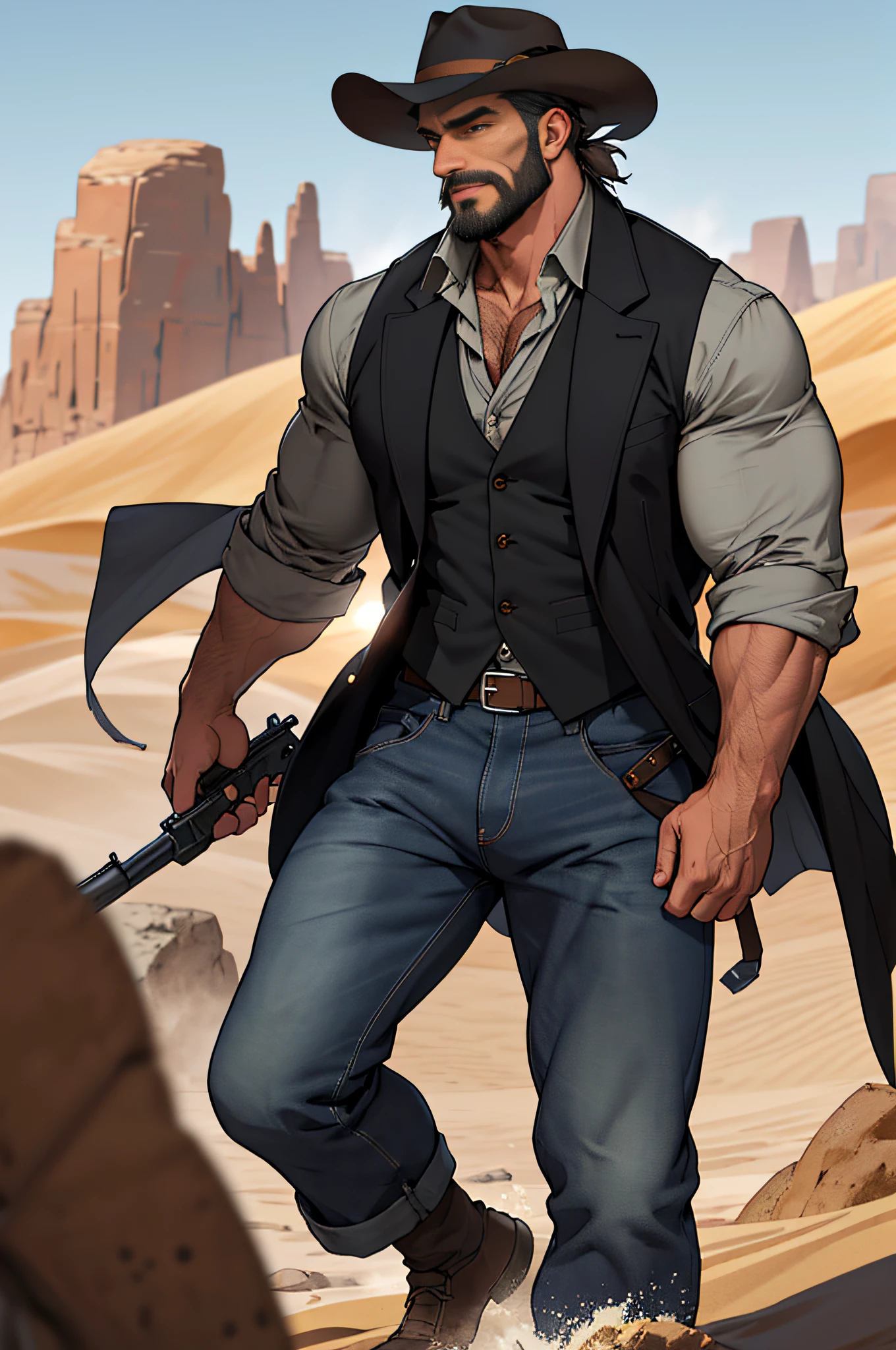 Mature man, best quality, adventurer, with brown denim hat, blue jeans, wearing tall horse shoes, carrying a submachine gun in one hand, one foot on a stone, long handsome trench coat in black, dark gray vest (hole), bad, masterpiece, super high resolution, detailed background, reality, illustration, single, 1 boy, muscle man, beard, desert, desert, mountain, muscle, facial hair, volumetric lighting, depth of field, wheezing, raised crotch, handsome action, big dynamics