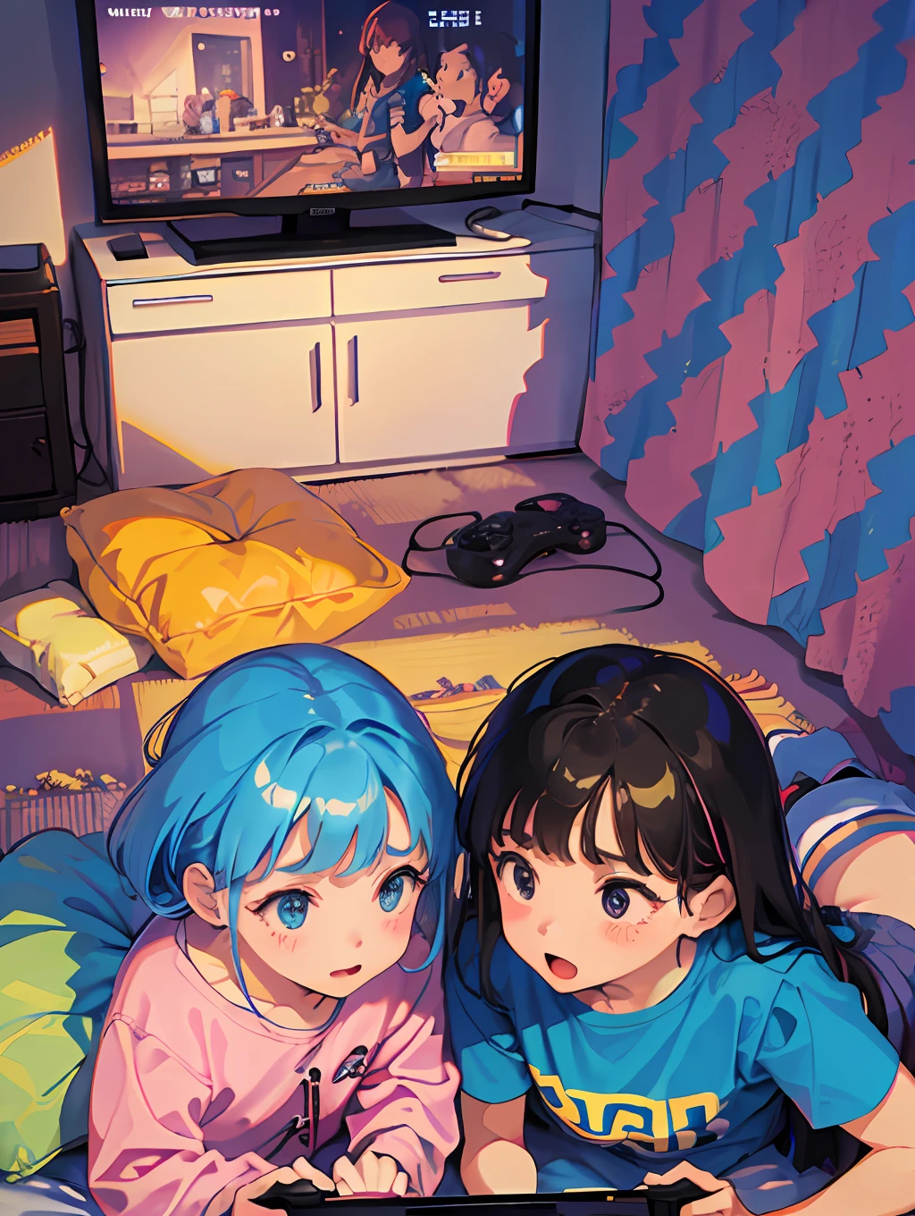 (SFW), in the nineties, two children (1girl and 1boy) playing video game consoles in a cramped, cluttered room. The walls are plastered with awards, perfect quality, clear focus, colorful, perfect face, intricate details, ultra-low viewing angle, wide-angle lens